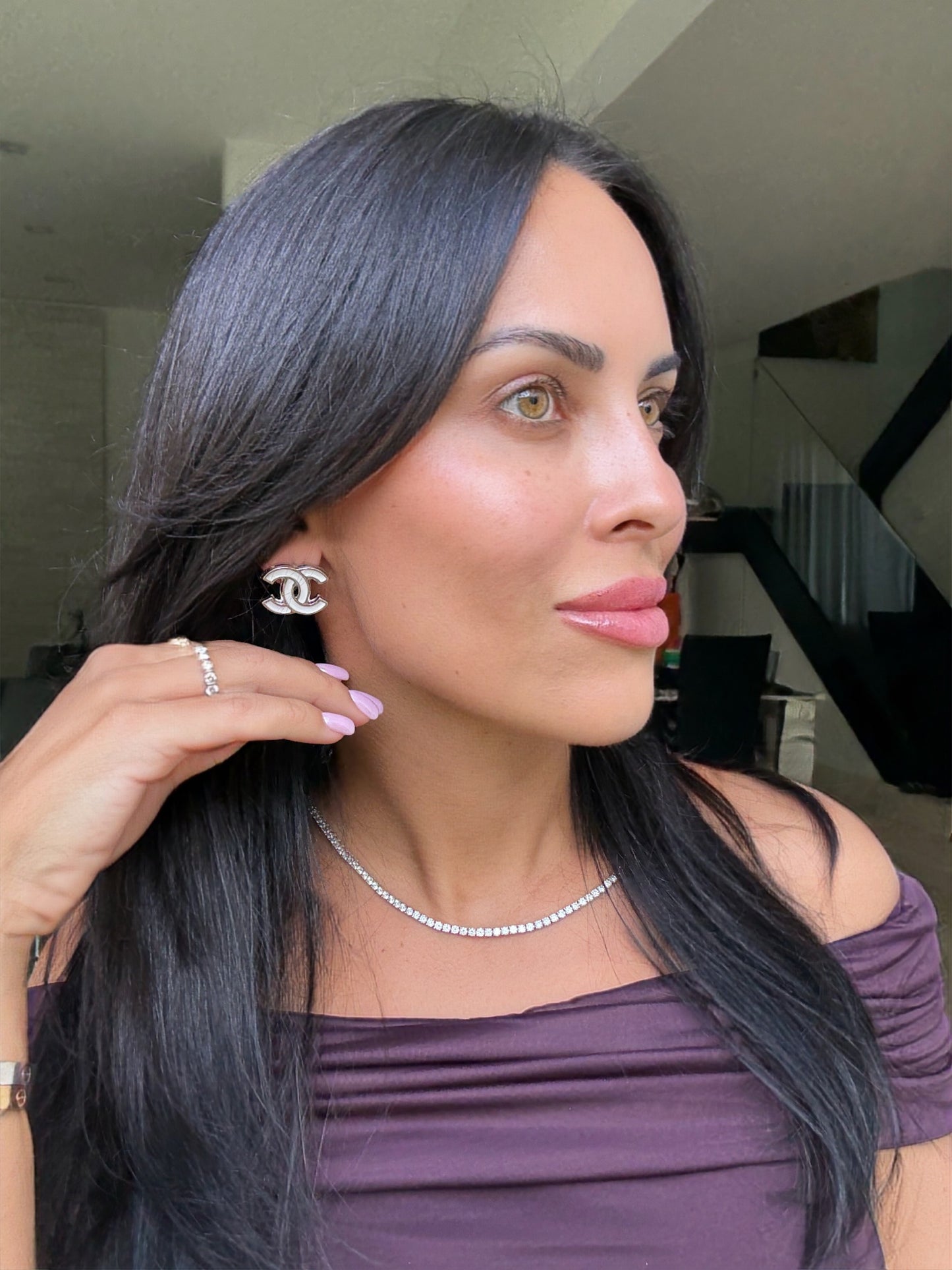 2025 25S CHANEL WHITE SILVER CC LOGO RESIN ENAMEL METAL STUDS EARRINGS SOLD OUT