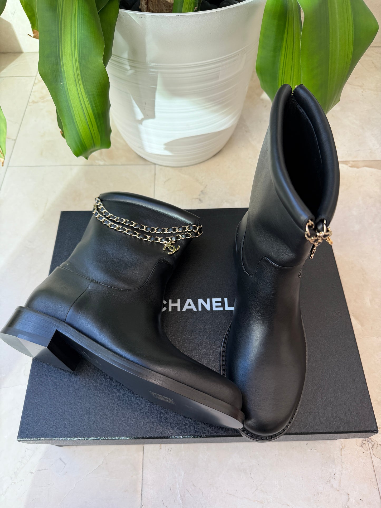 Chanel Calfskin CC Chain Logo Clover Gold Chain Charms Black Leather Boots Ankle Flat Booties