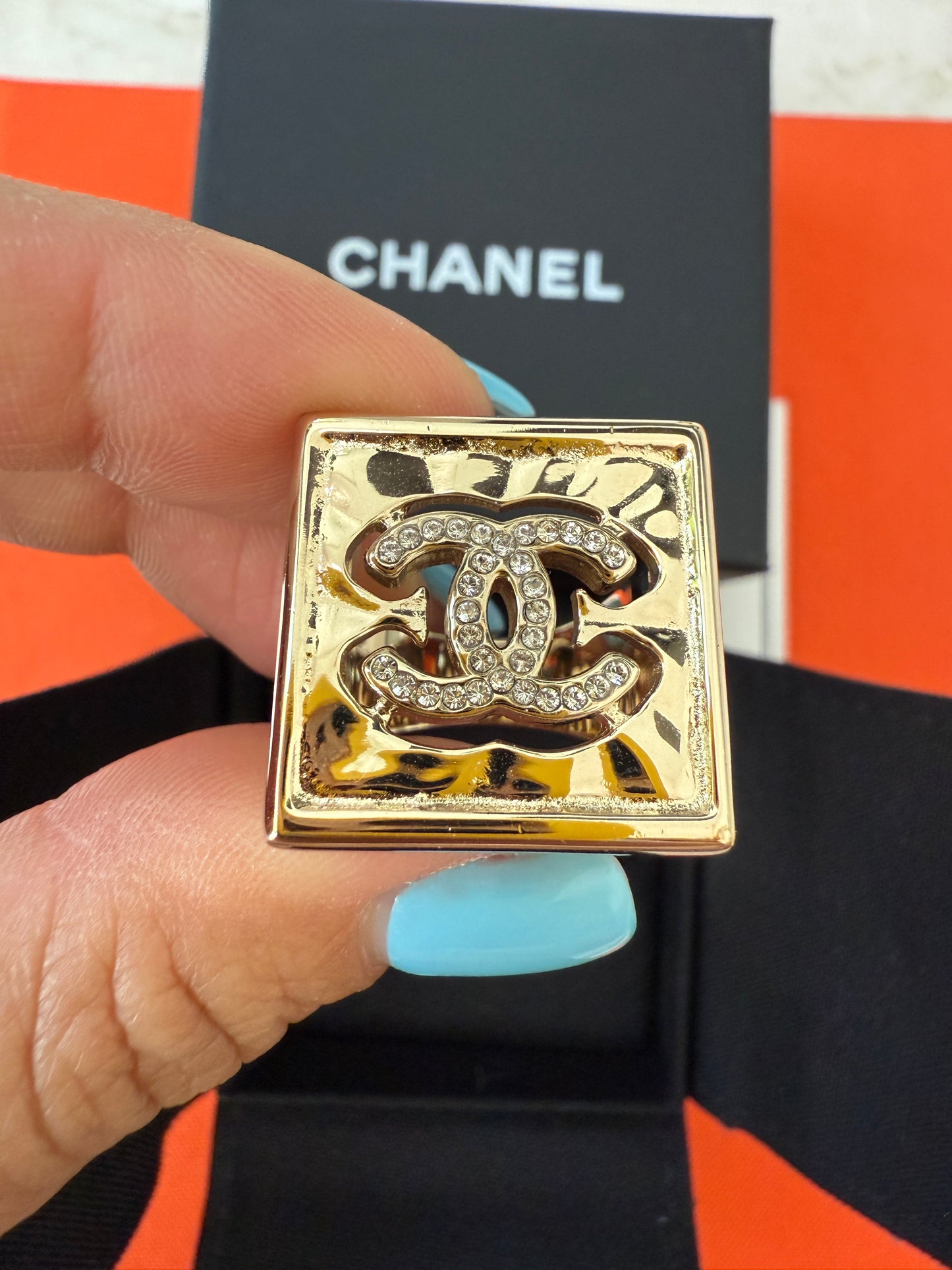 Chanel 22S CC Logo Crystals Strass Crystal Metal Gold Tone Square Ring