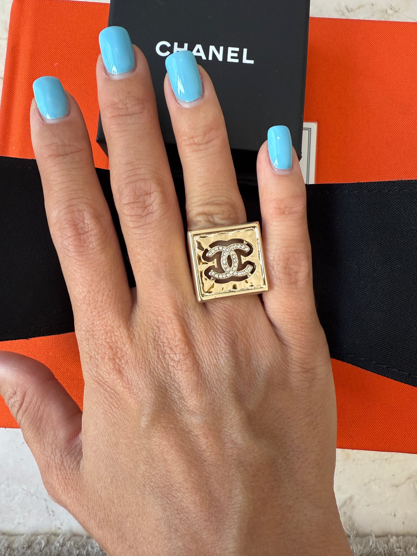 Chanel 22S CC Logo Crystals Strass Crystal Metal Gold Tone Square Ring