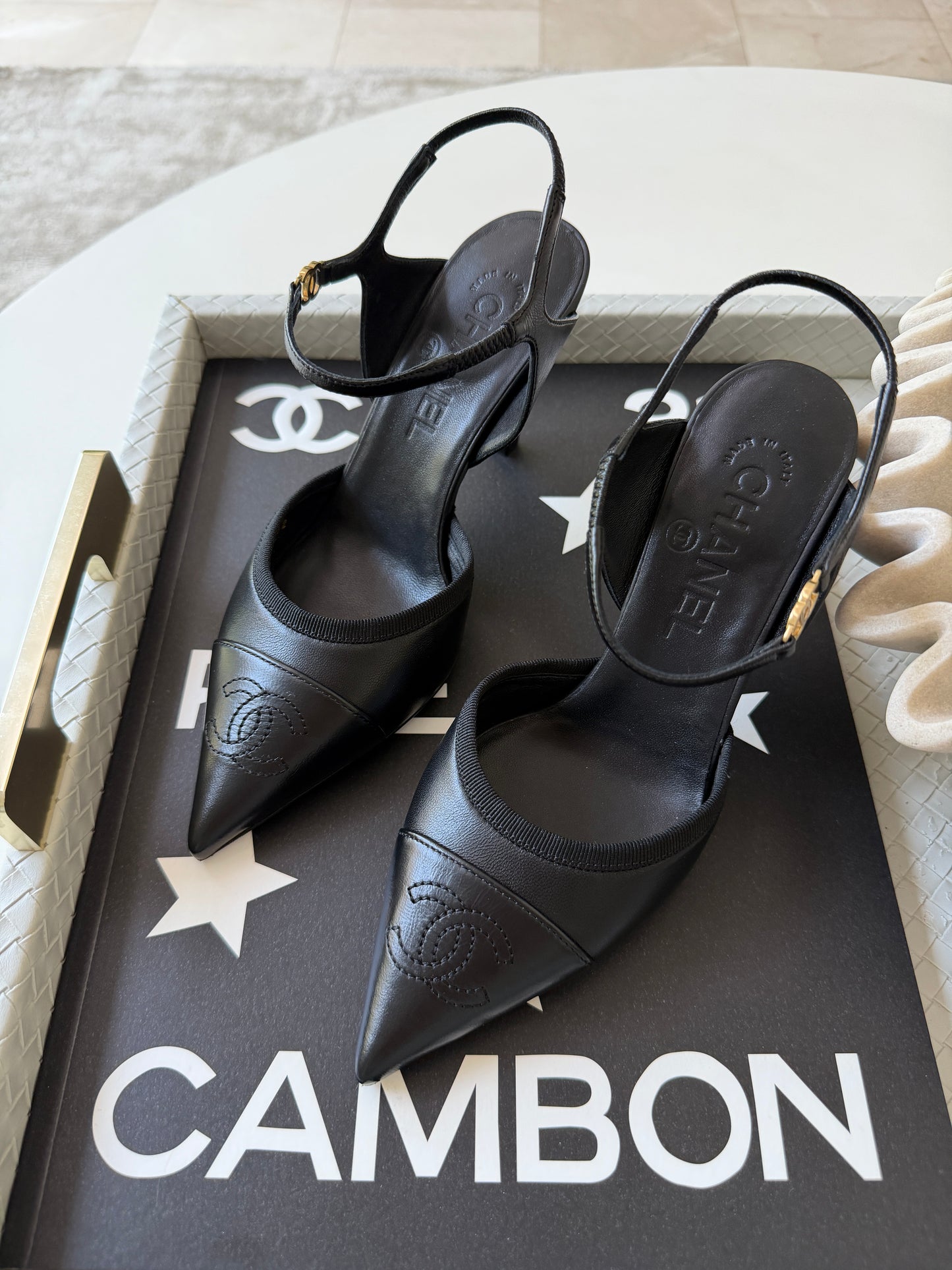 CHANEL SS 2026 BLAZY BLACK CAP POINTED TOE LEATHER CC LOGO HEELS SHOES PUMPS SLINGBACKS