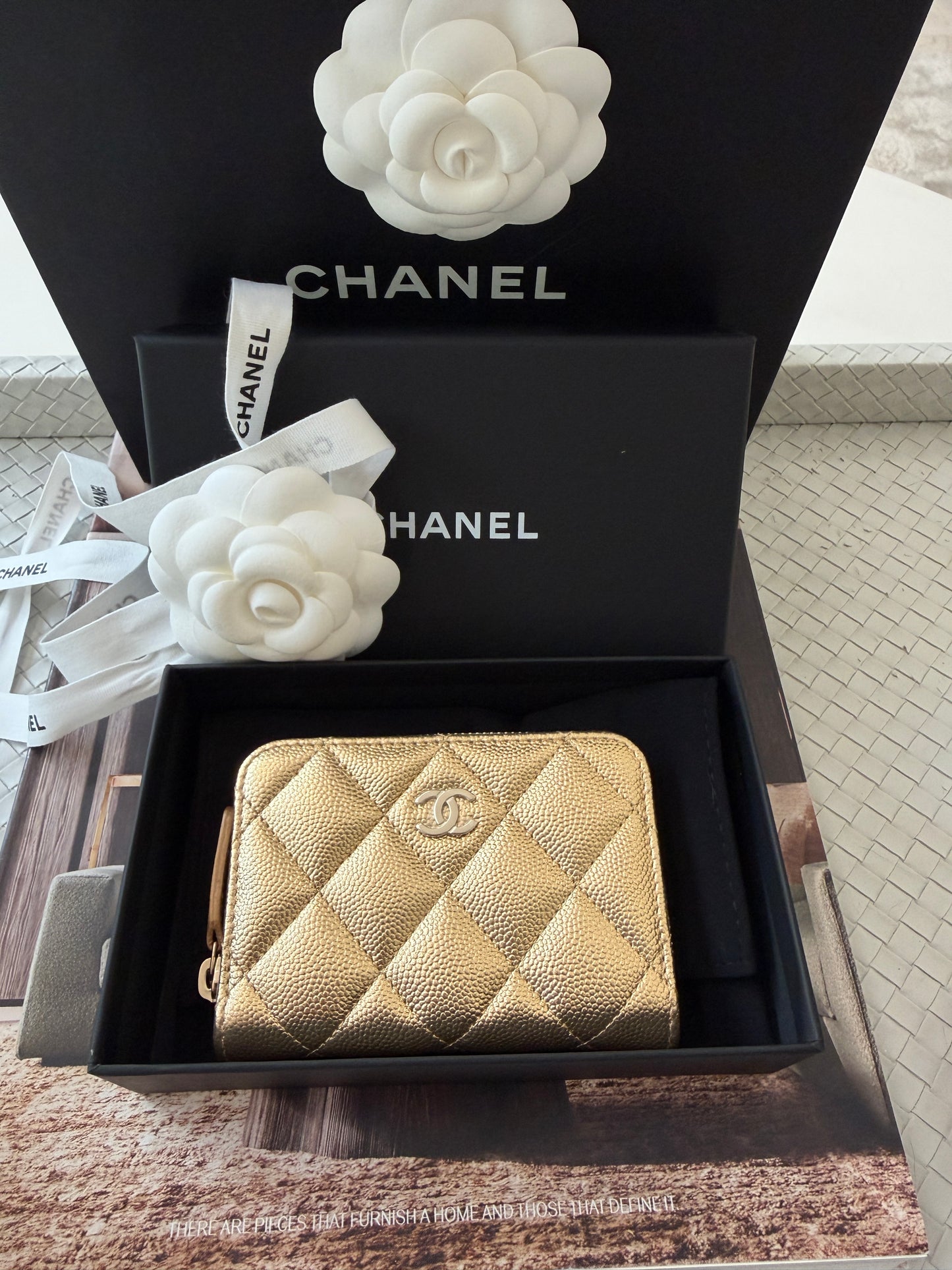 Chanel 26 Classic Zipped Zip Coin Purse Caviar Leather Gold Dore Metallic Wallet