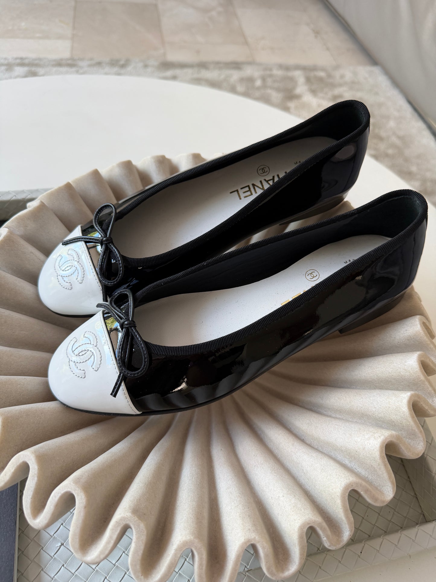 Chanel 26 Black Patent Leather White Cap Toe CC Logo Flat Ballet Ballerina Flats