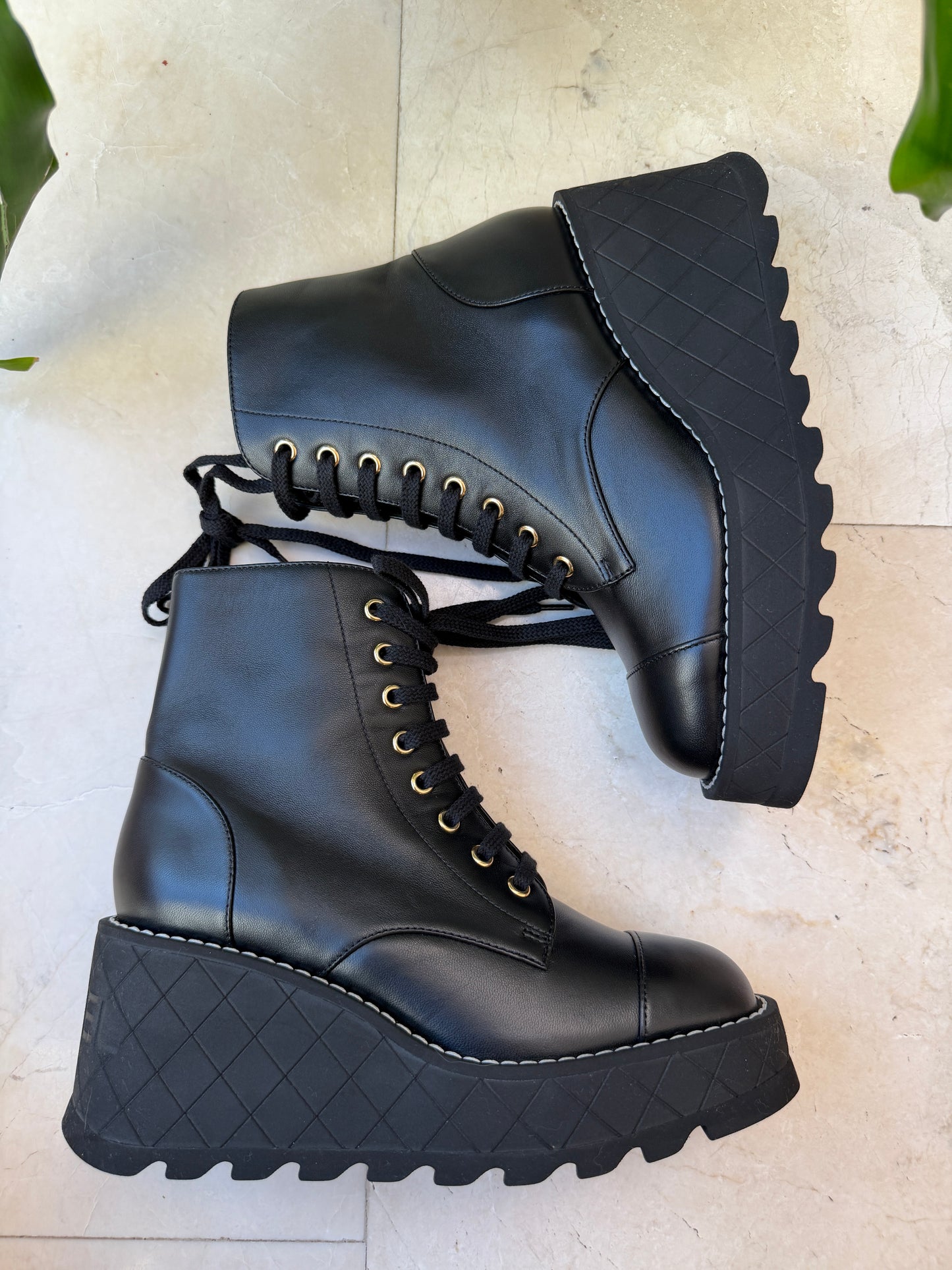 Chanel 2024 Platform Interlocking CC Logo Combat Wedge Lambskin Lace Up Ankle Boots