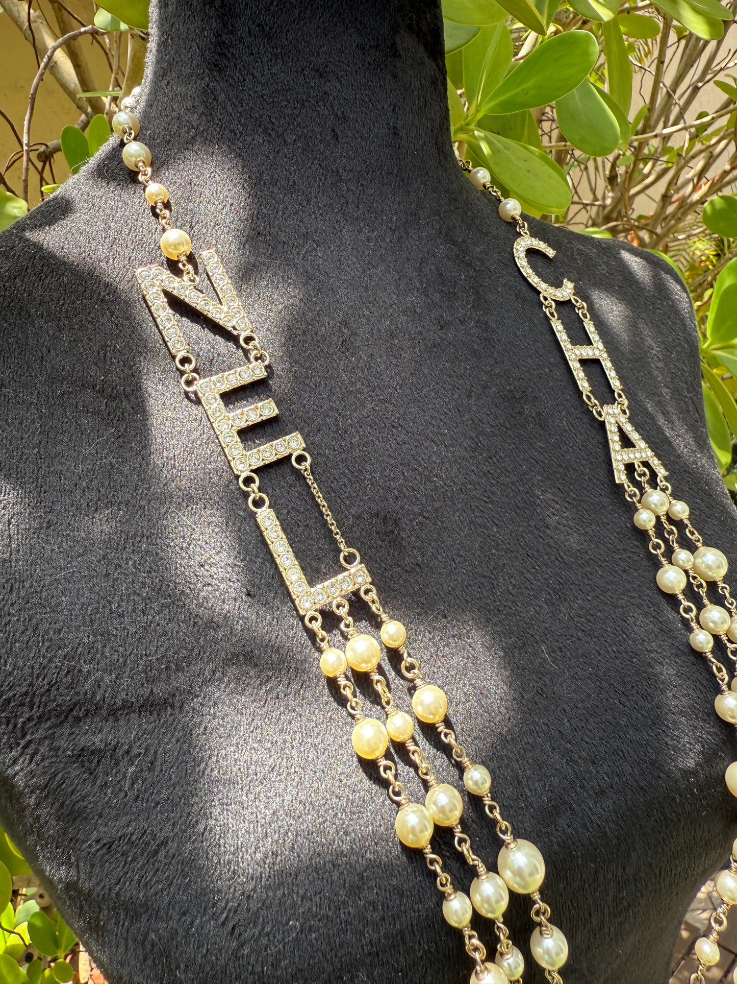 CHANEL 2019S GOLDEN TONE CHA NEL LETTERS LOGO WITH CRYSTALS PEARLS LONG NECKLACE