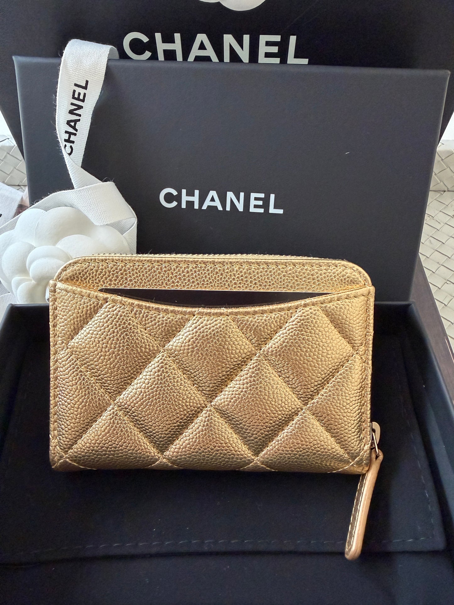 Chanel 26 Classic Zipped Zip Coin Purse Caviar Leather Gold Dore Metallic Wallet