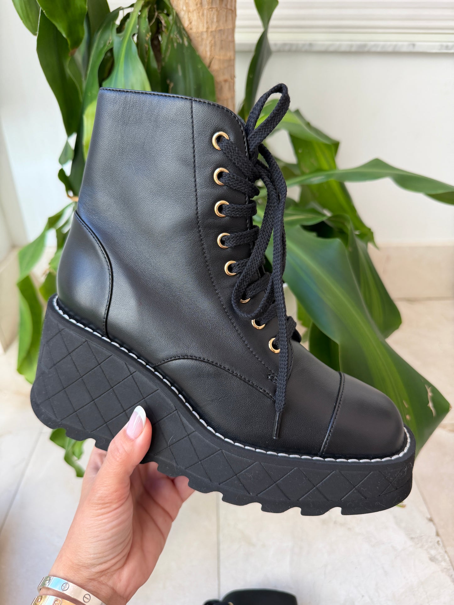 Chanel 2024 Platform Interlocking CC Logo Combat Wedge Lambskin Lace Up Ankle Boots