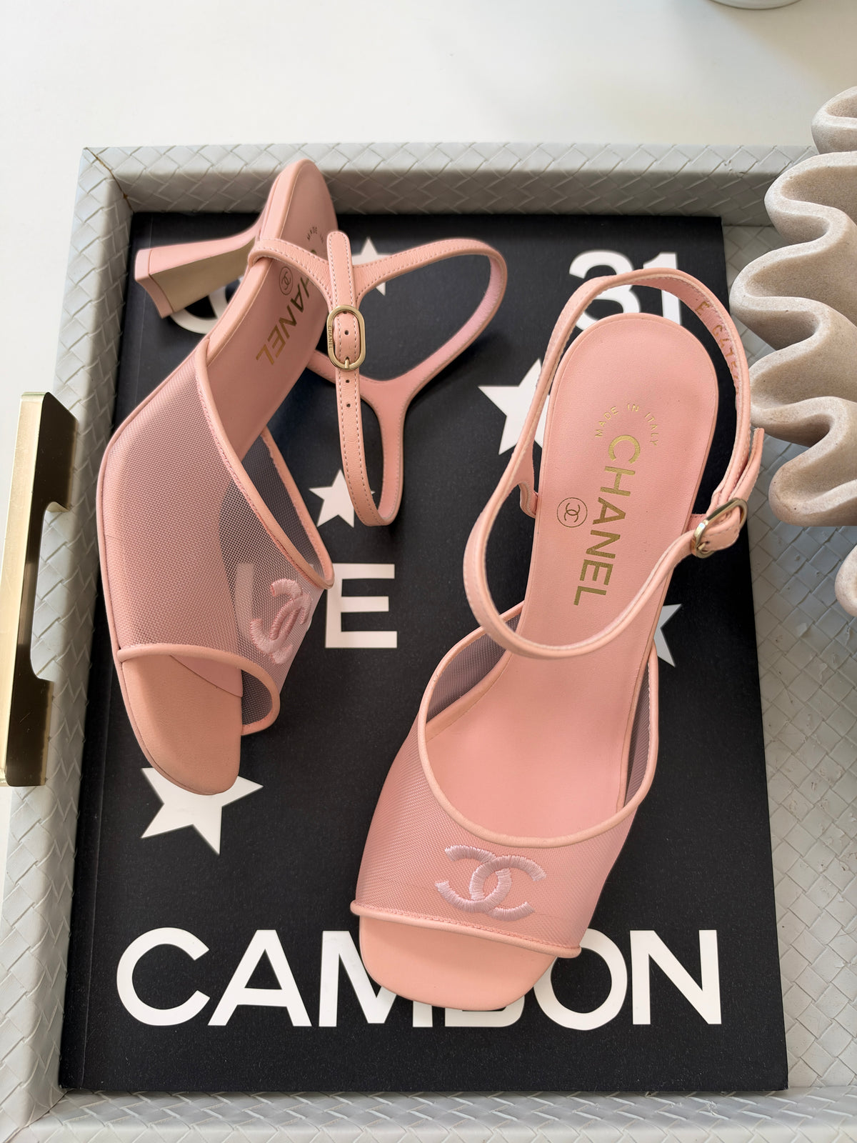 CHANEL 26 BLAZY LIGHT PINK MESH LAMBSKIN OPEN TOE CC LOGO SANDALS HEELS SHOES