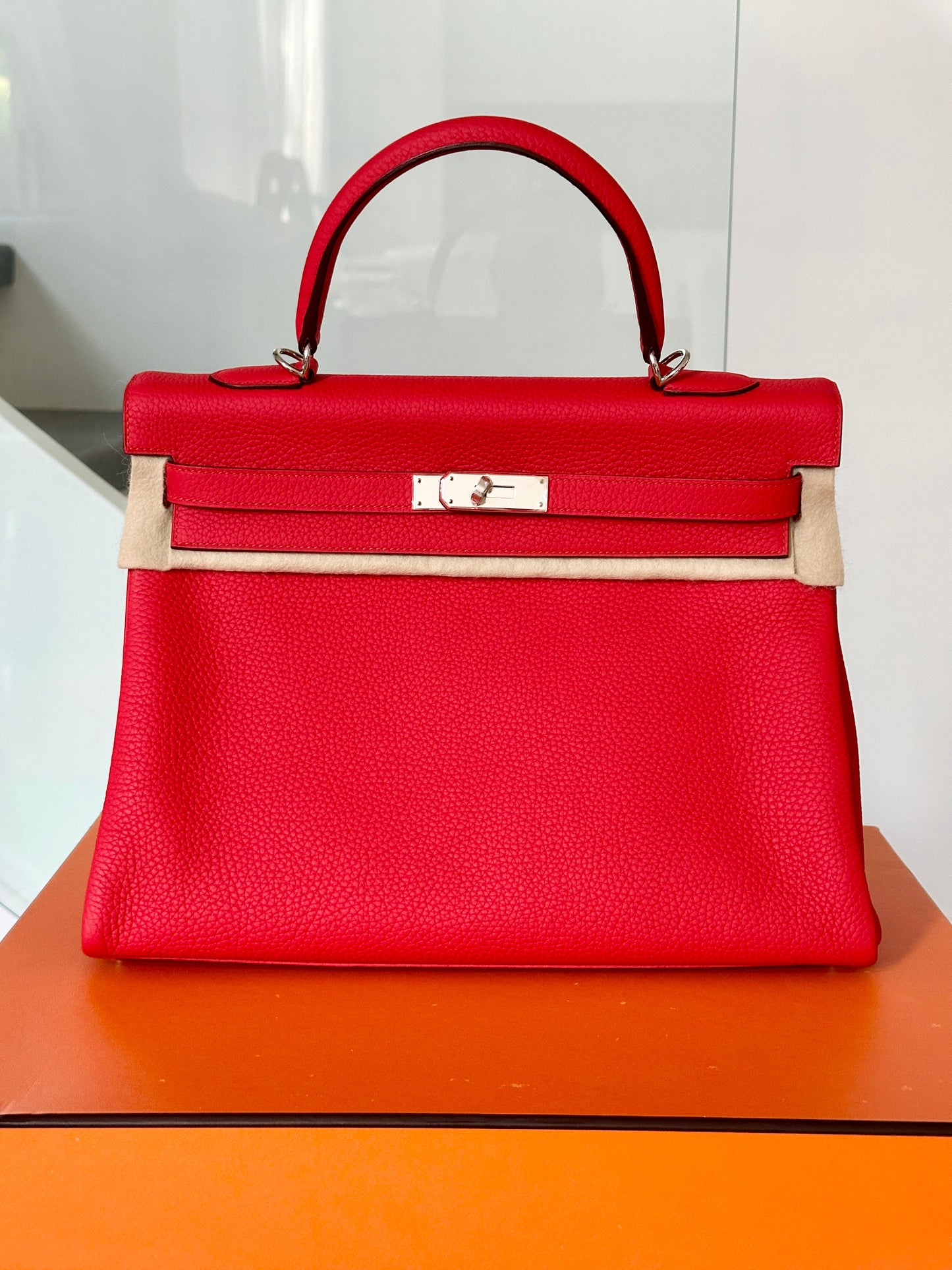 Hermes Kelly 35 Rouge Tomate Red Retourne Togo Leather Palladium Hardware PHW Bag Handbag