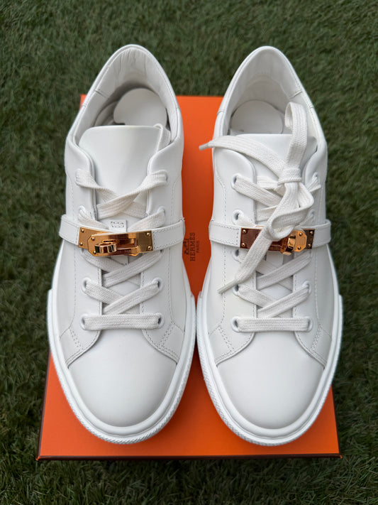 $1.7K HERMES KELLY BUCKLE DAY WHITE BLANC LEATHER WITH ROSE GOLD HW SNEAKERS