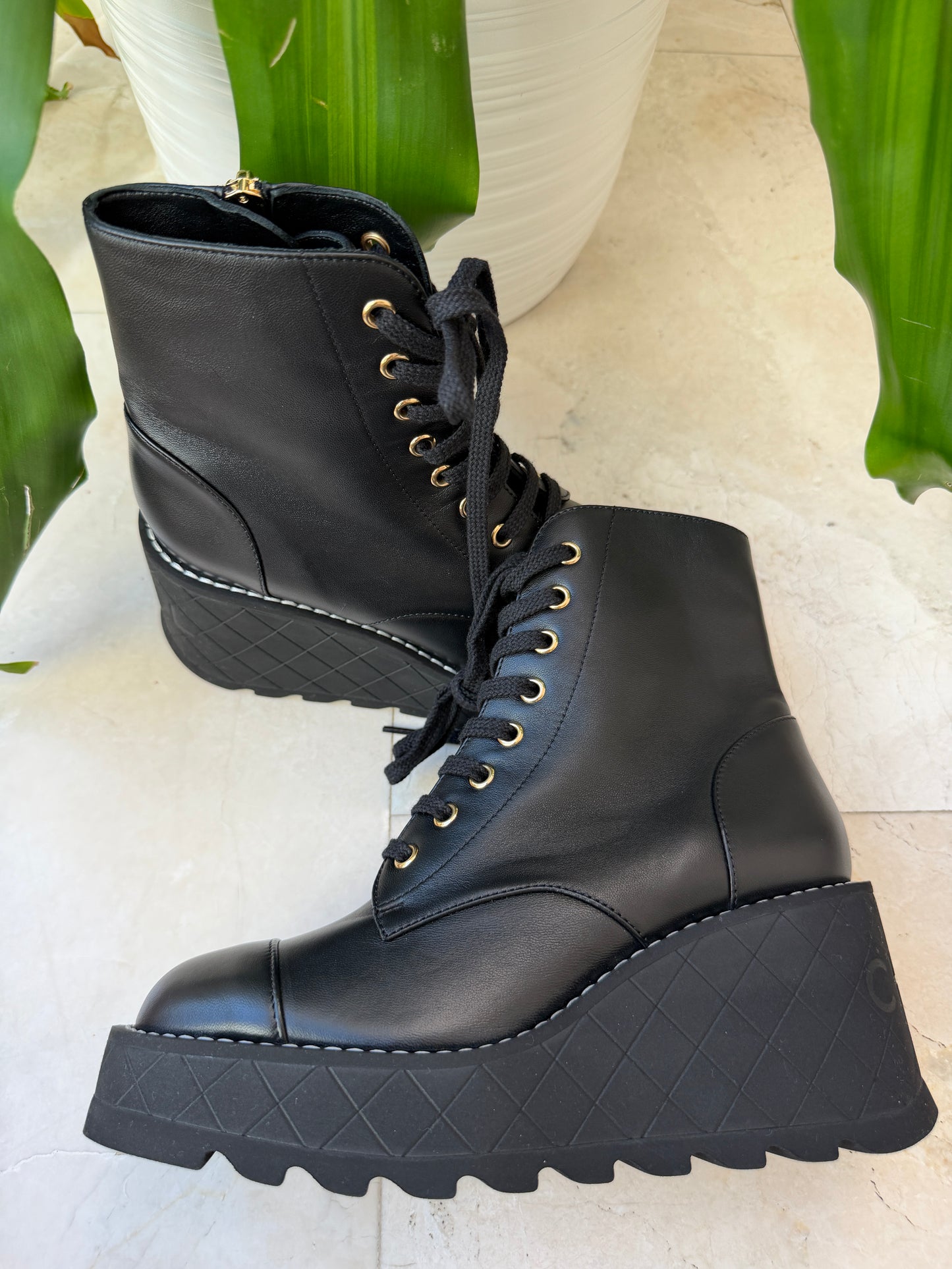 Chanel 2024 Platform Interlocking CC Logo Combat Wedge Lambskin Lace Up Ankle Boots