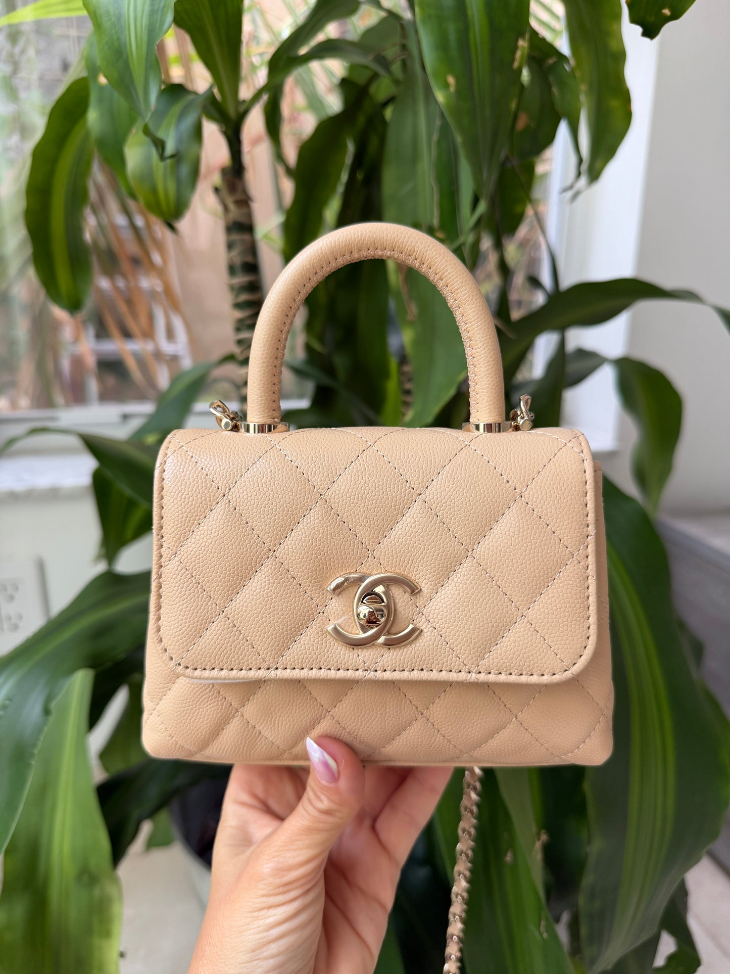 Chanel 24K AP4244 Micro Coco Handle Extra Mini Classic Flap Bag Beige Caviar Clutch with Chain Gold HW