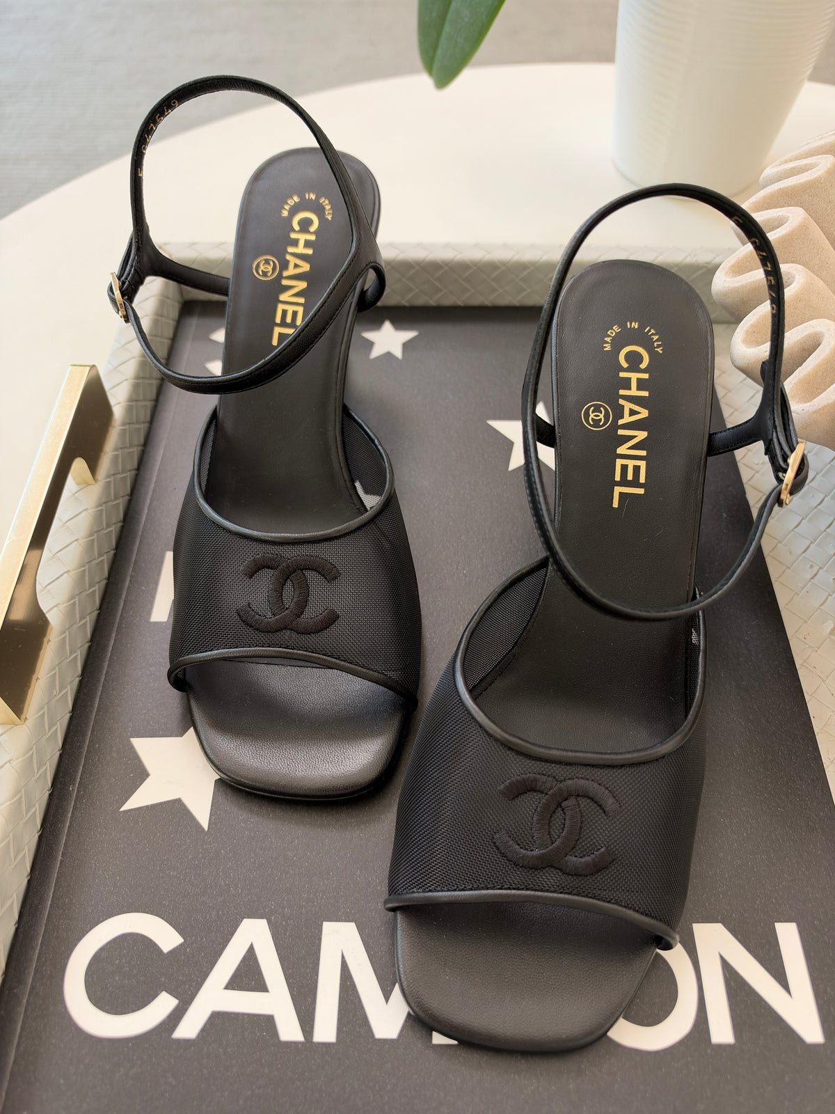 CHANEL 26 BLAZY BLACK MESH LAMBSKIN OPEN TOE CC LOGO SANDALS HEELS SHOES