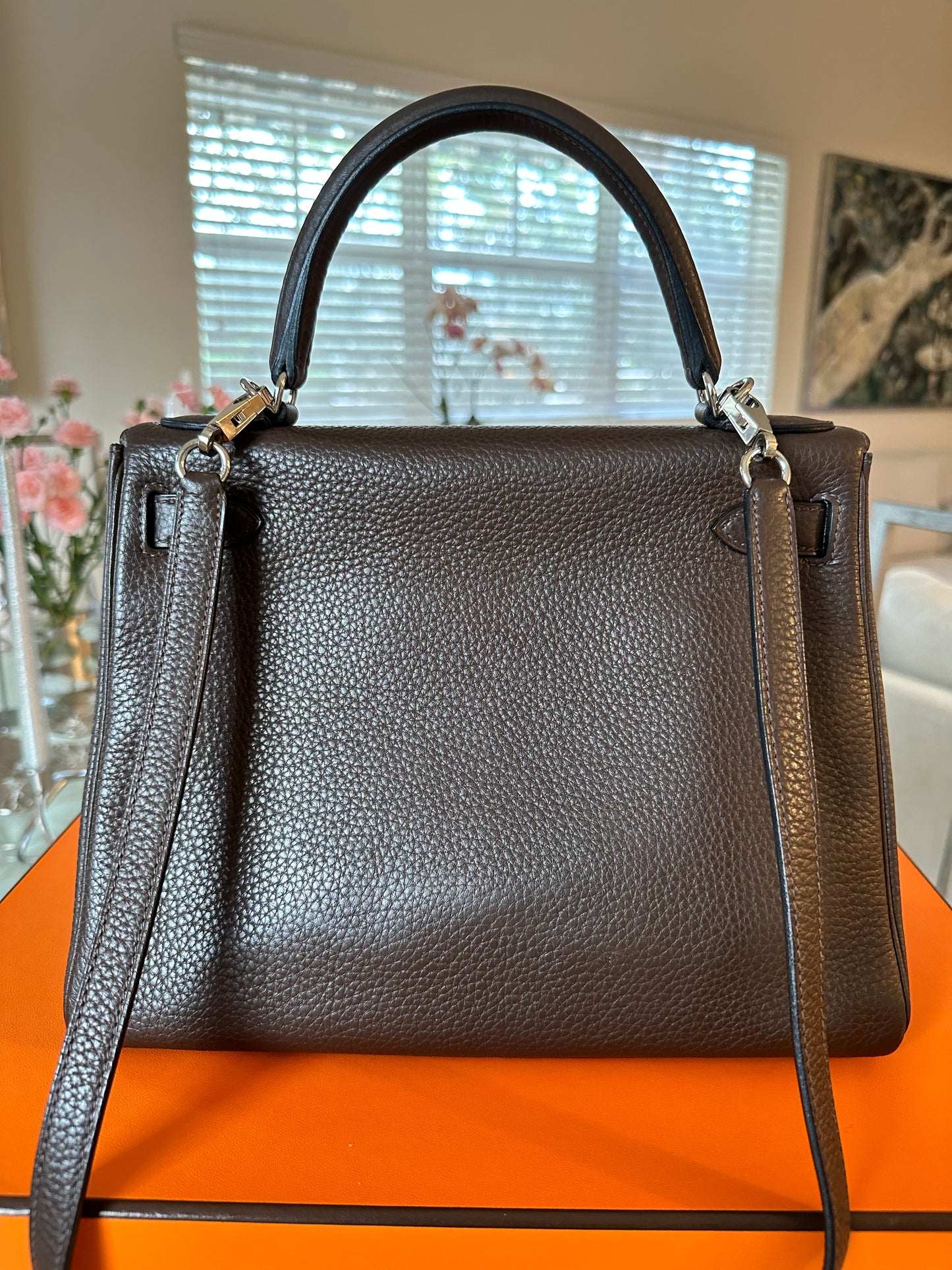 Hermes Kelly 28 Cafe Coffee Brown Clemence Palladium Hardware PHW Pre-Owned