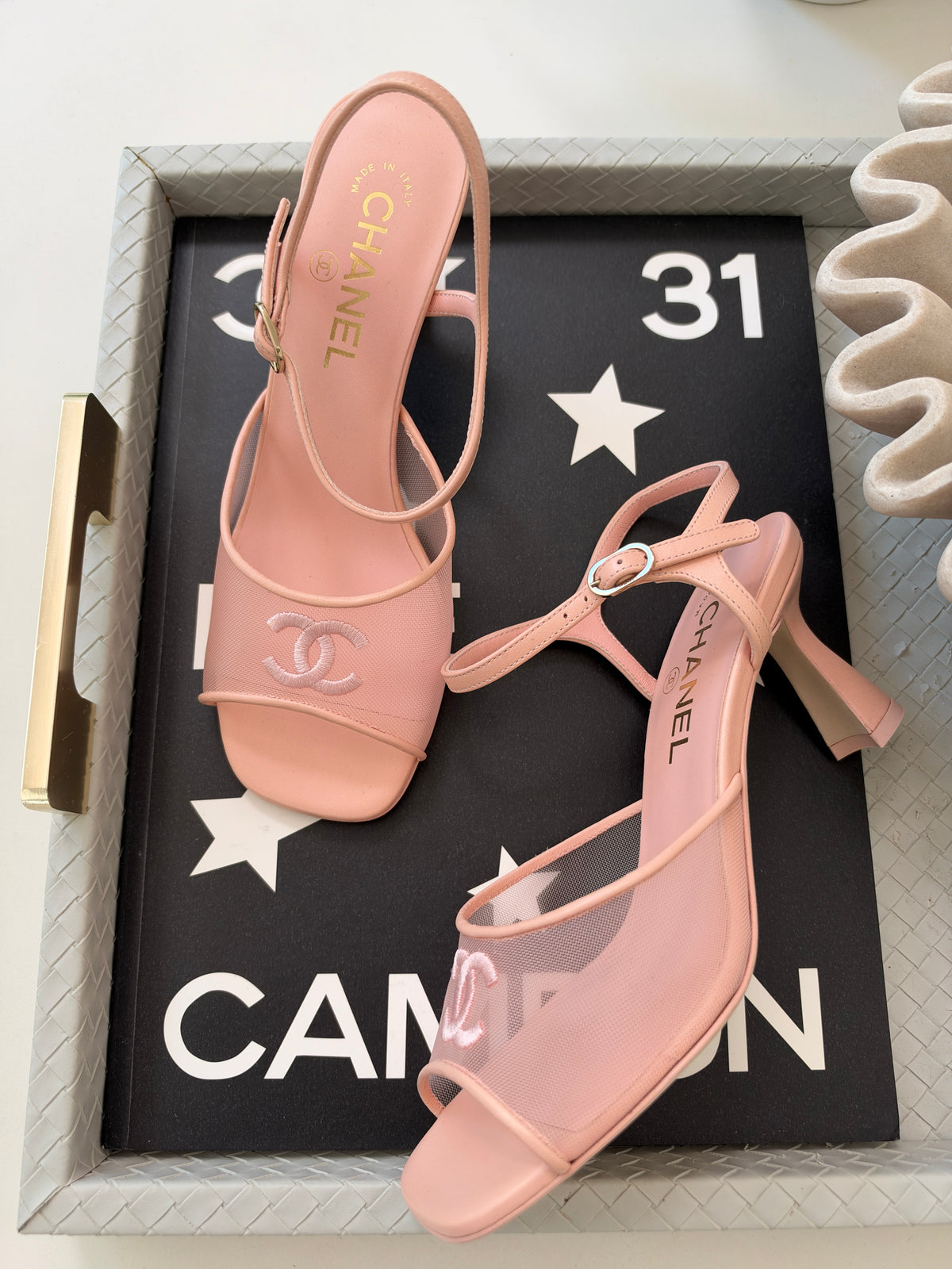 CHANEL 26 BLAZY LIGHT PINK MESH LAMBSKIN OPEN TOE CC LOGO SANDALS HEELS SHOES