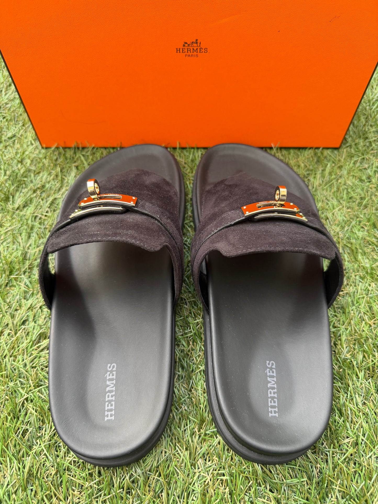 HERMES EMPIRE BLACK NOIR  SUEDE LEATHER FLIP FLOPS SHOES FLAT THONG SANDALS MULE