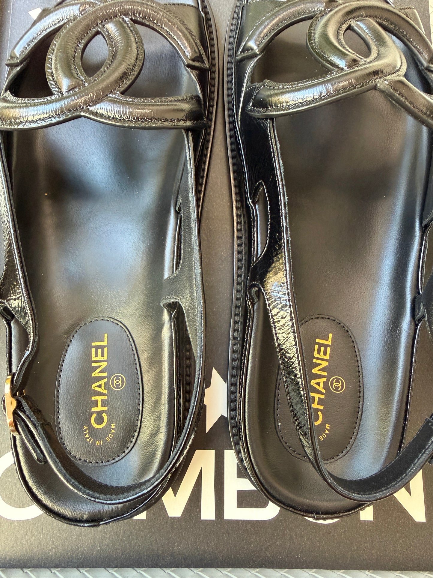 Chanel FW 26 Blazy Crumpled Shiny Lambskin Leather Black CC Logo Dad Sandals Slingbacks