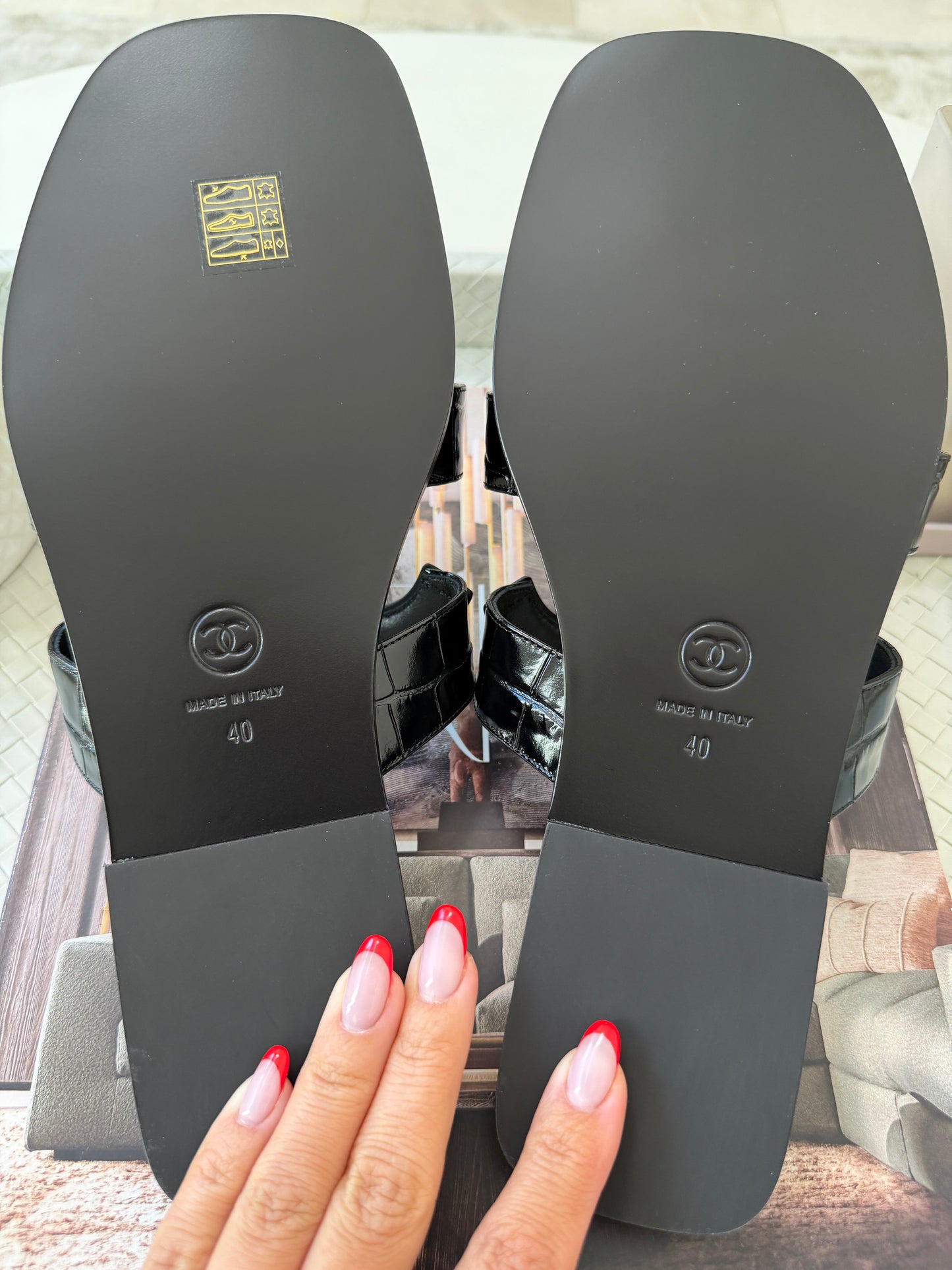 Chanel SS 26 Blazy Black Leather Croc Embossed CC Logo Slides Flat Flip Flop Mules Sandals