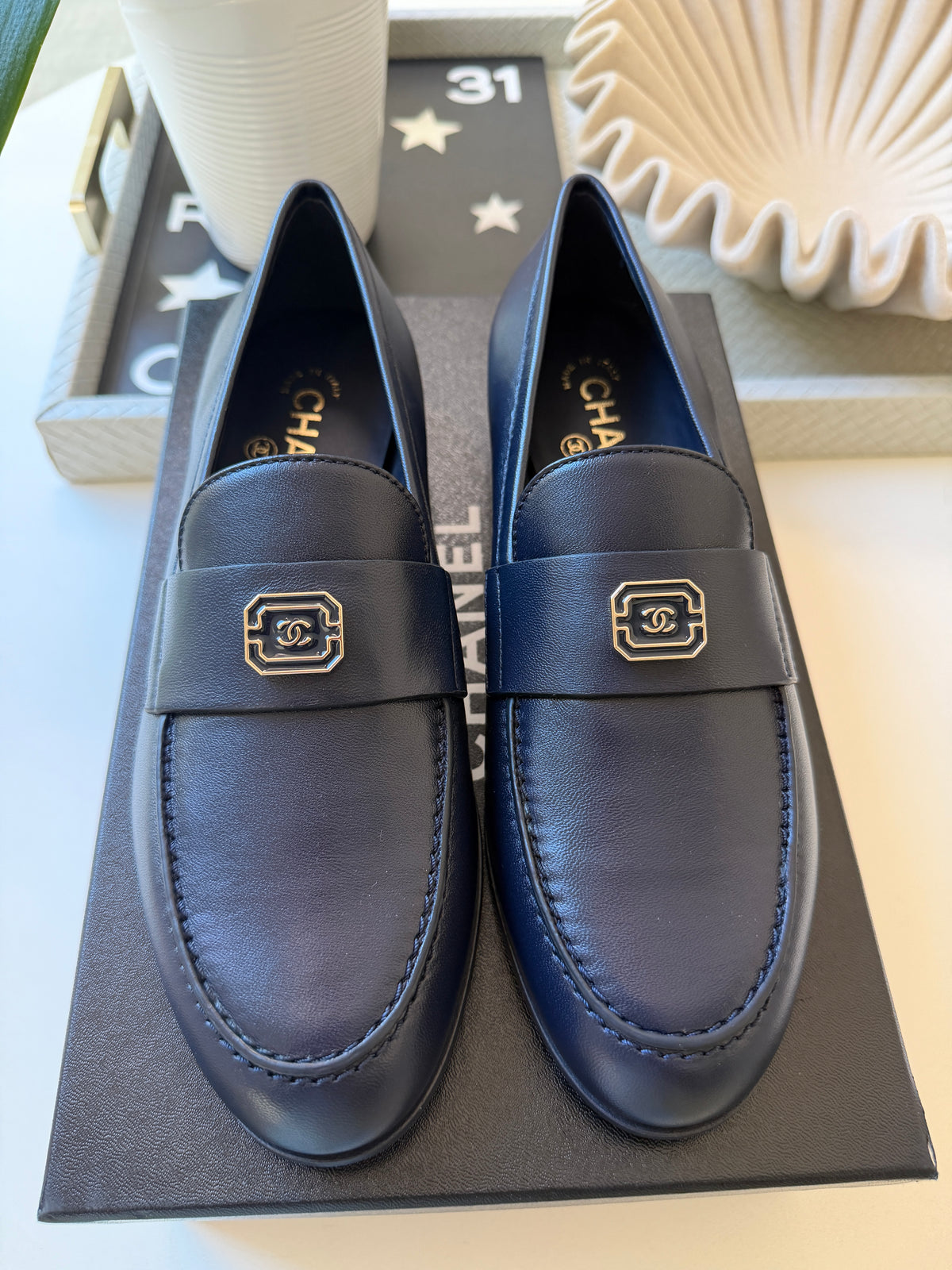 Chanel 2024 Classic Lambskin Leather Navy Blue Enamel CC Logo Moccasins Loafers Flats Shoes