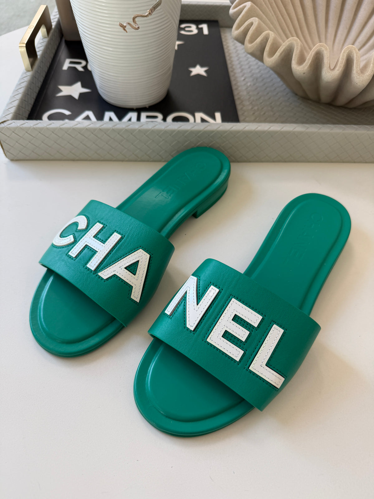 CHANEL CHA NEL LOGO GREEN LEATHER FLAT SHOES SLIDES MULES