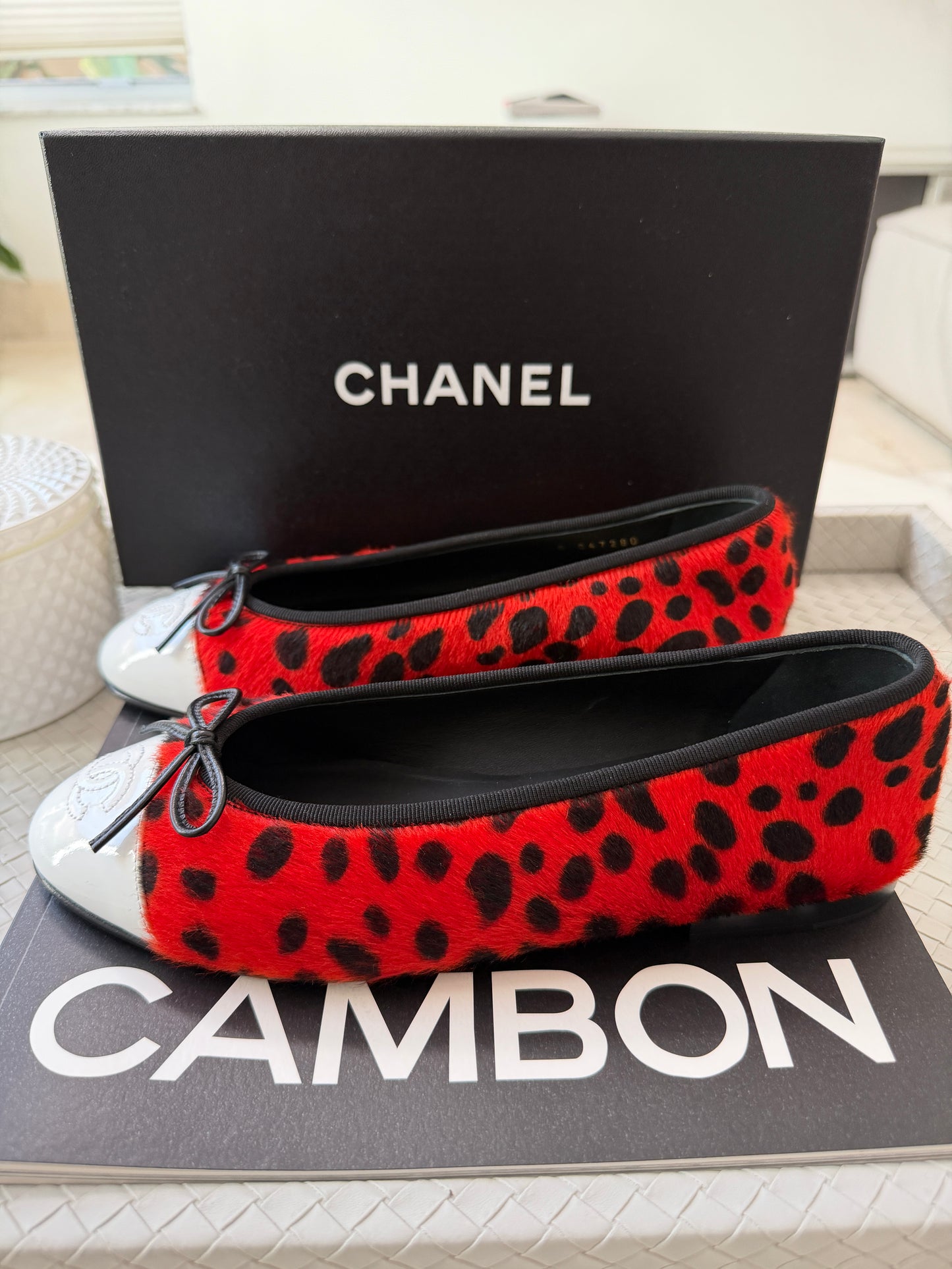 Chanel MÉTIERS D’ART 26 Red Orange Black White Pony Hair Animal Print Ballet Flats