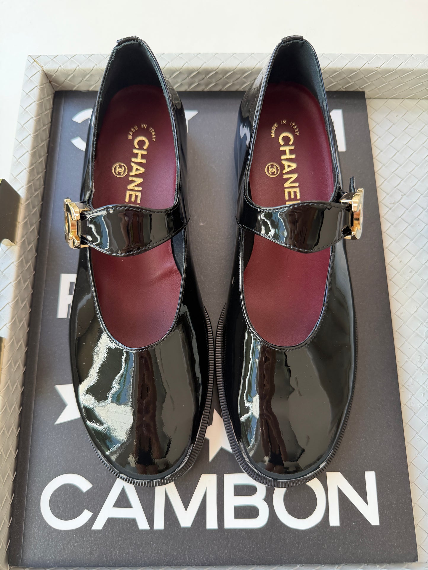 CHANEL 26B BLACK PATENT LEATHER MARYJANES GOLD CC LOGO ADJUSTABLE LOCK FLATS