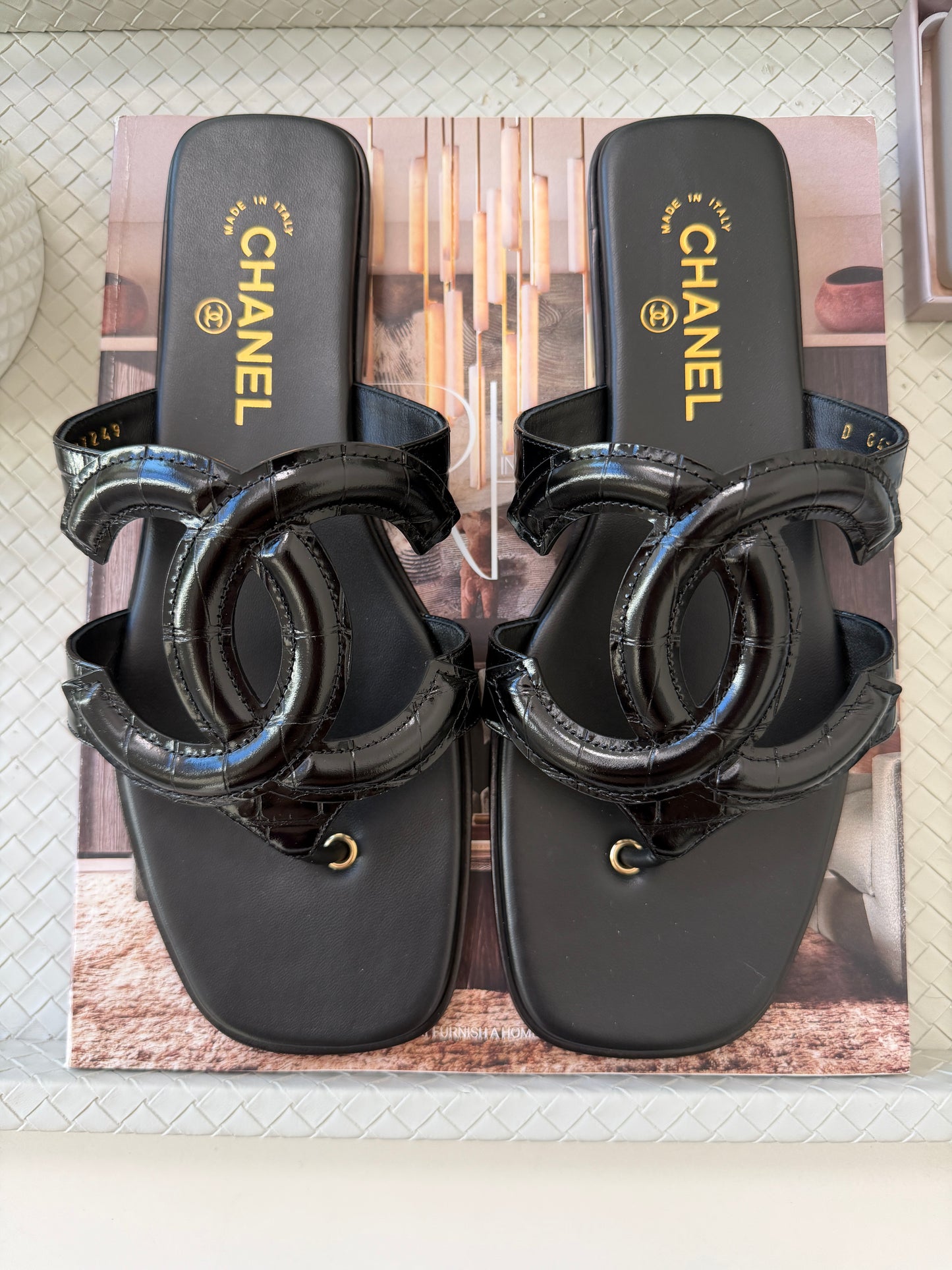 Chanel SS 26 Blazy Black Leather Croc Embossed CC Logo Slides Flat Flip Flop Mules Sandals