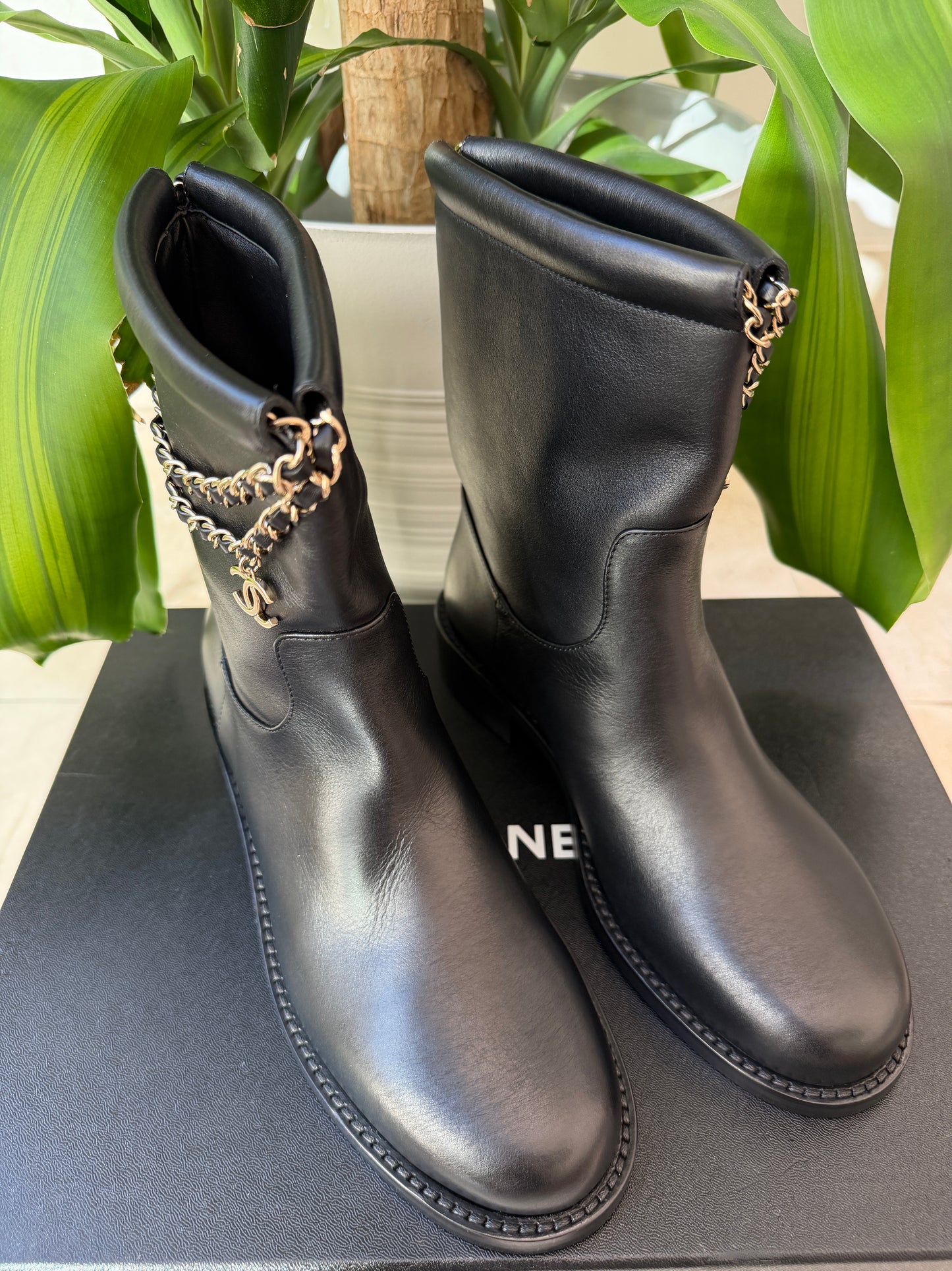 Chanel Calfskin CC Chain Logo Clover Gold Chain Charms Black Leather Boots Ankle Flat Booties