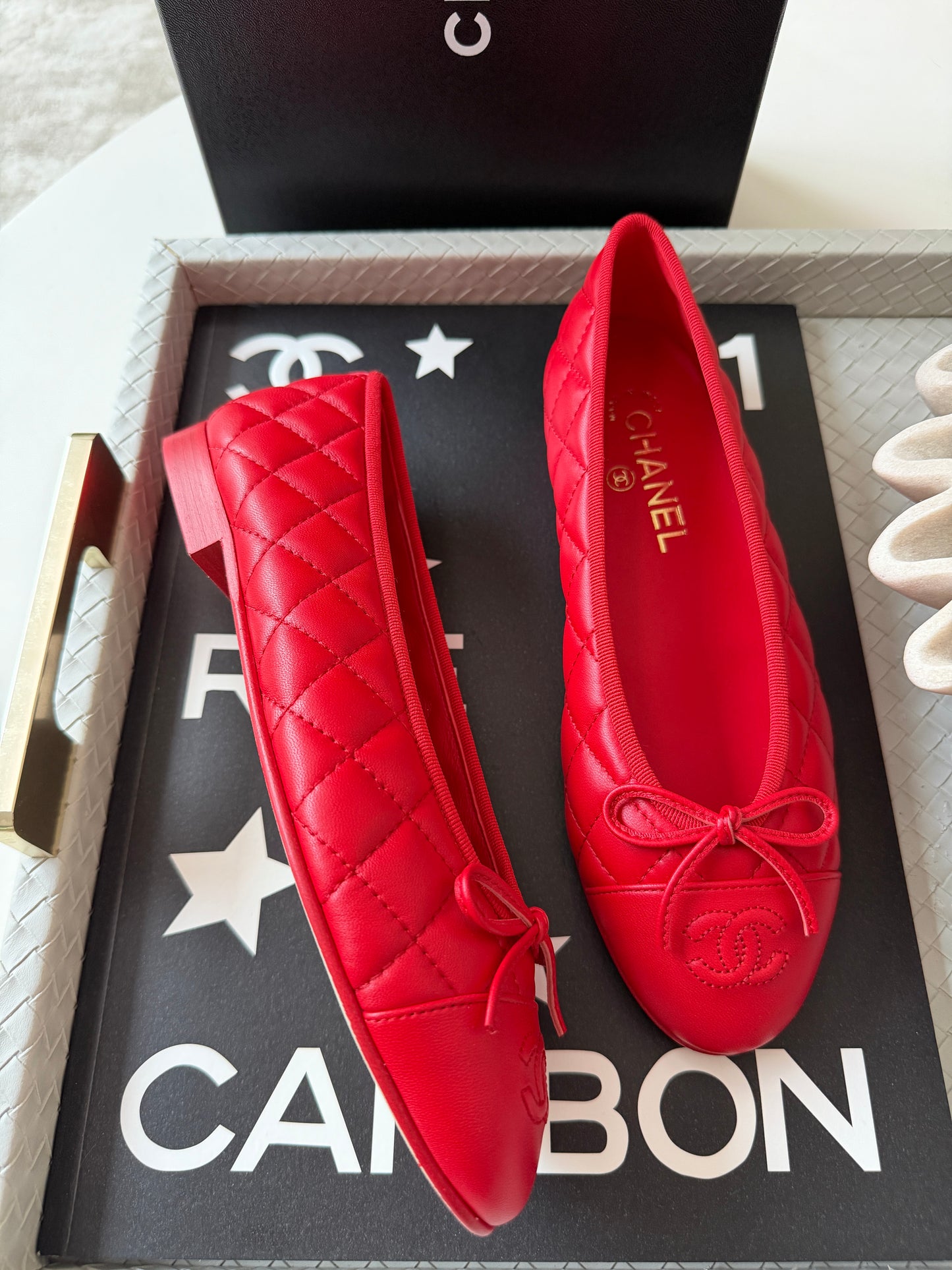 Chanel 26B Blazy Lambskin Leather Quilted Red Agneau Rouge CC Logo Ballet Ballerina Flats