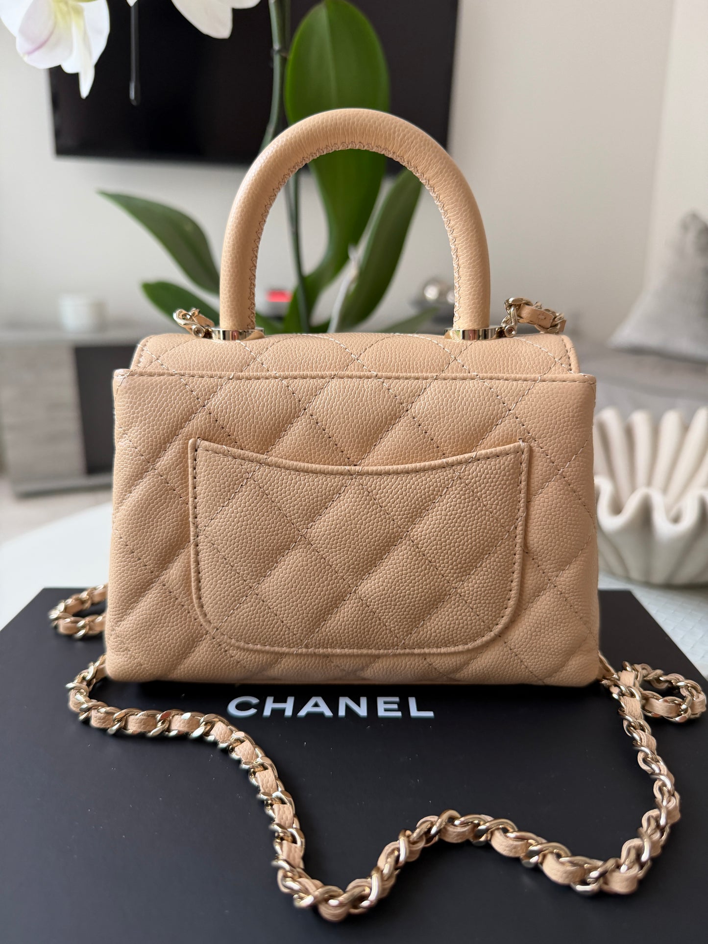 Chanel 24K AP4244 Micro Coco Handle Extra Mini Classic Flap Bag Beige Caviar Clutch with Chain Gold HW