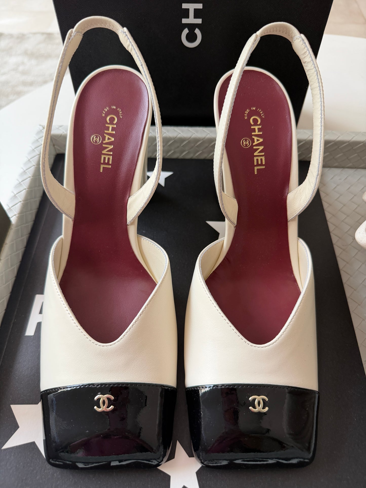 Chanel 26S Blazy Ivory Ecru Black Square Cap Toe Sling CC Slingback Chunky Heel Pumps