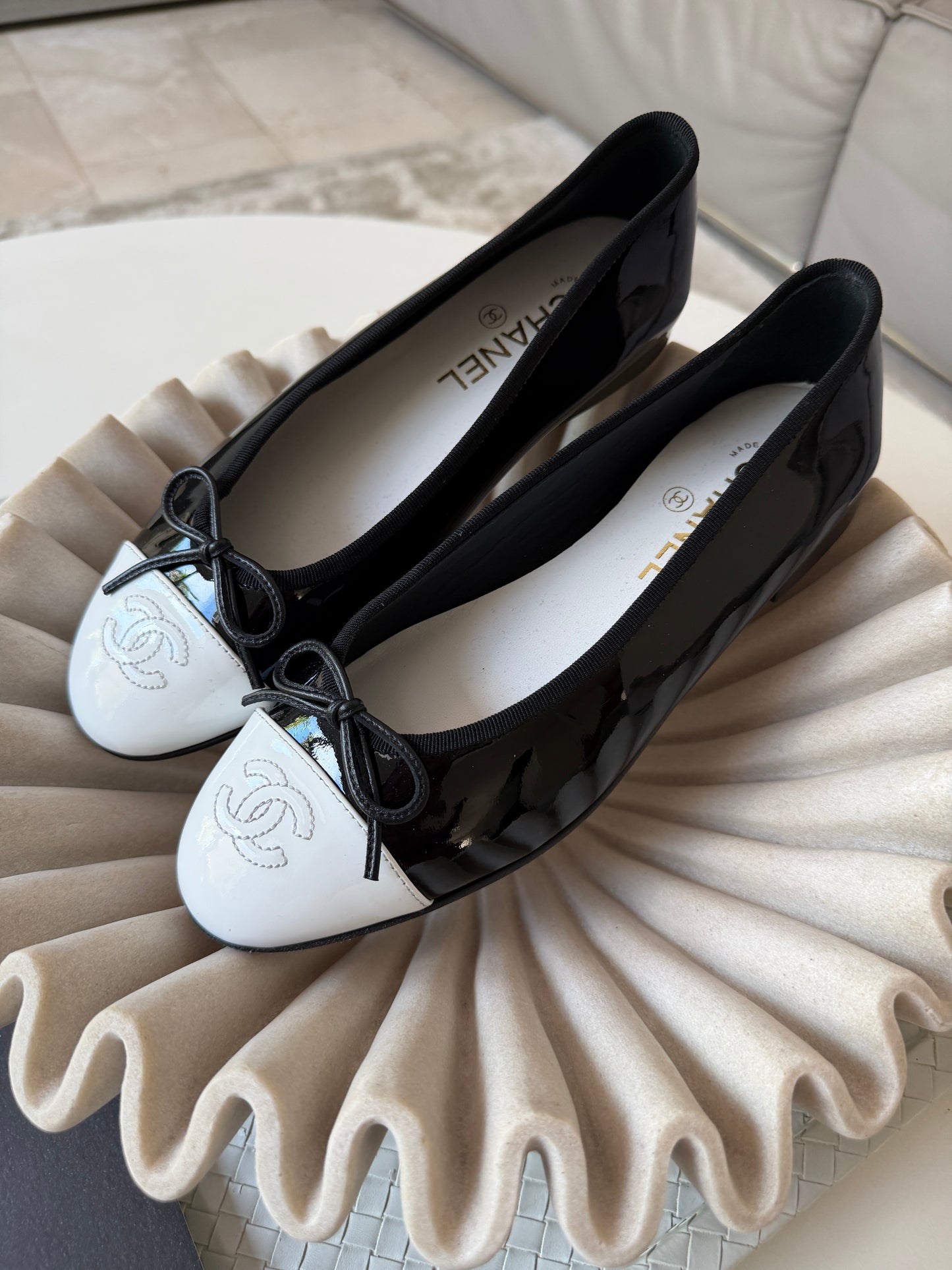 Chanel 26 Black Patent Leather White Cap Toe CC Logo Flat Ballet Ballerina Flats