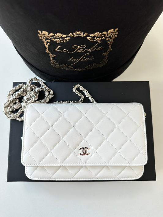 Chanel White Lambskin Leather WOC Small Chain Wallet Silver HW Cross Body Bag