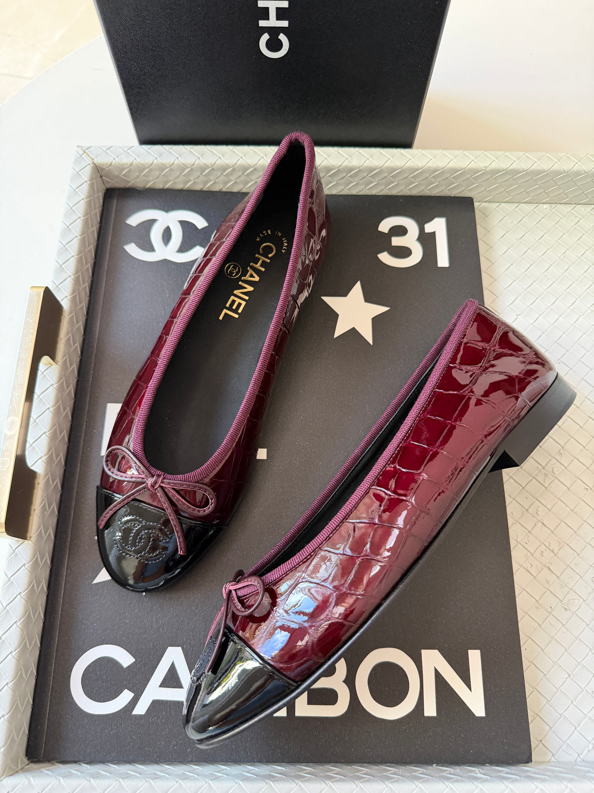 Chanel 26A Burgundy Croc Embossed Patent Metiers d’Art Black Cap Toe Ballet Ballerina Flats