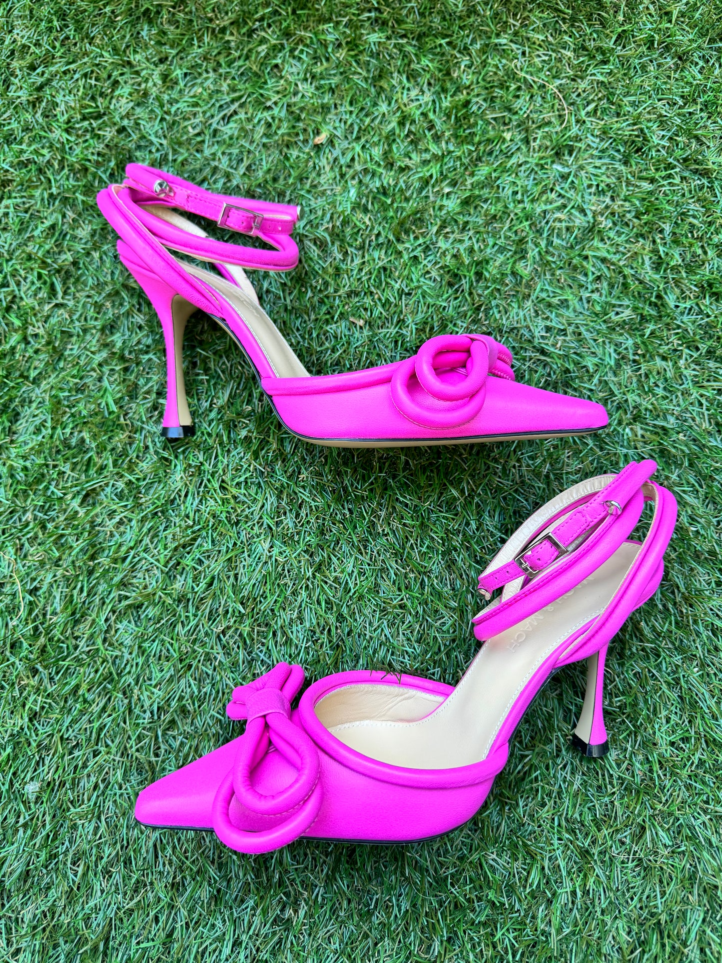 Mach & Mach Double Bow Hot Pink Fuchsia Leather Pointed Toe Ankle Strap Sandals Heels Shoes