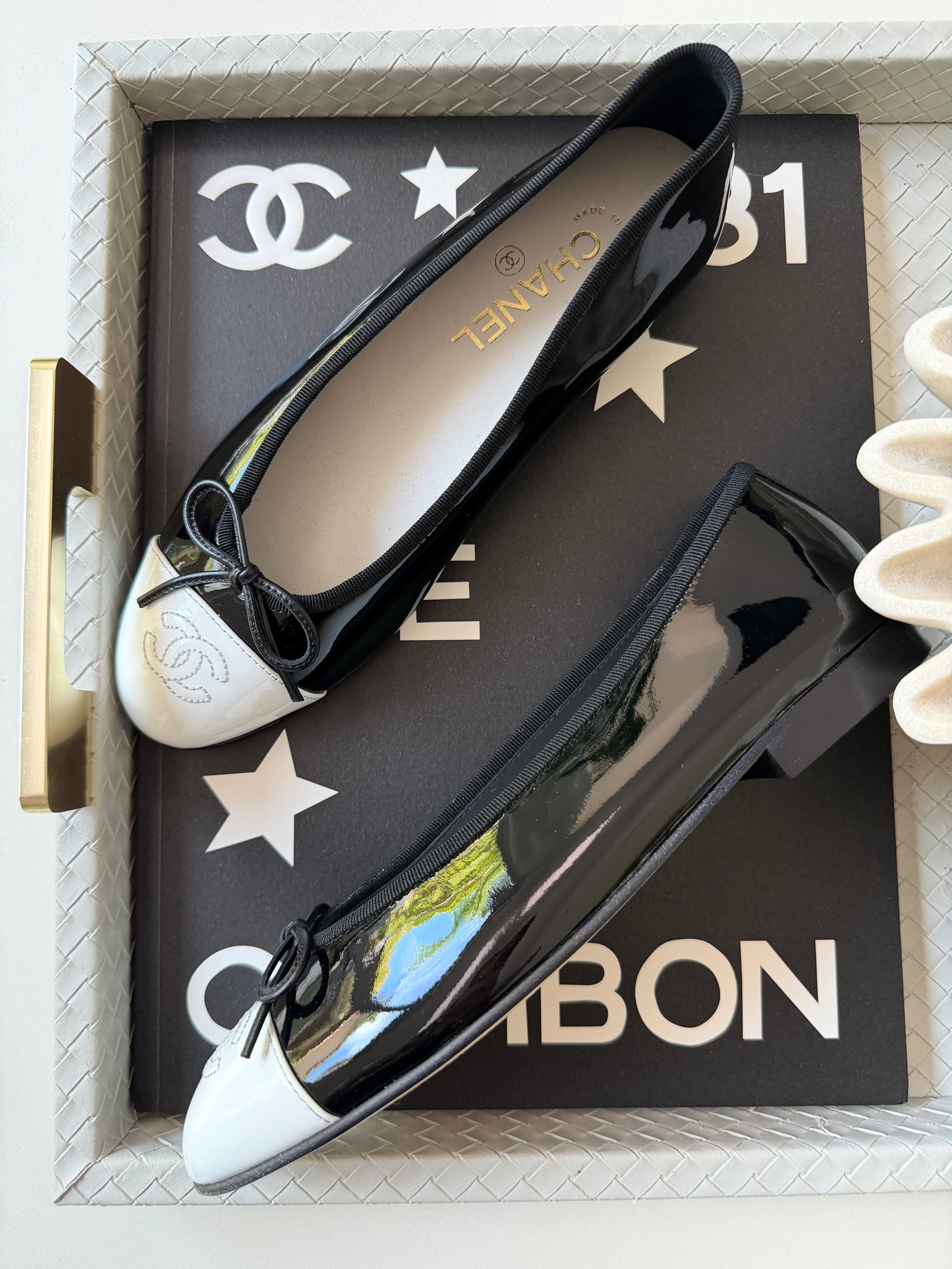 Chanel 26 Black Patent Leather White Cap Toe CC Logo Flat Ballet Ballerina Flats
