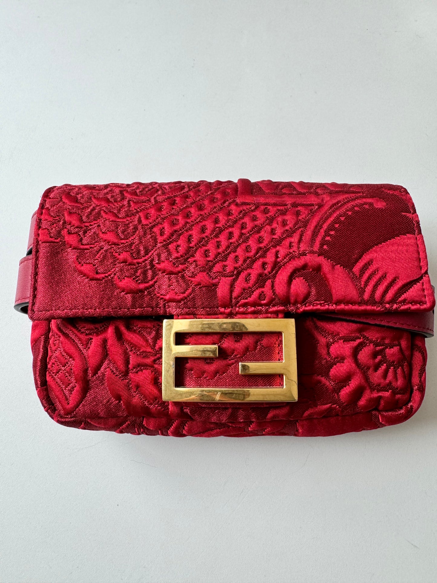 Fendi Red Rosso Fabric Floral Embroidered Hip Belt Pouch Baguette Bag Purse Pre-Owned