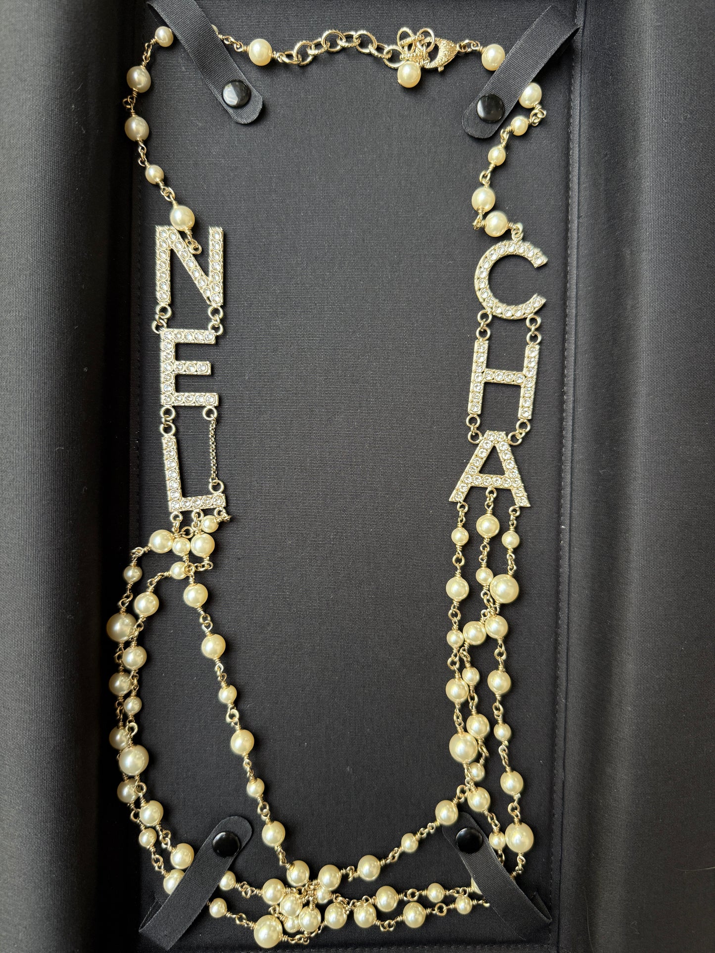 CHANEL 2019S GOLDEN TONE CHA NEL LETTERS LOGO WITH CRYSTALS PEARLS LONG NECKLACE
