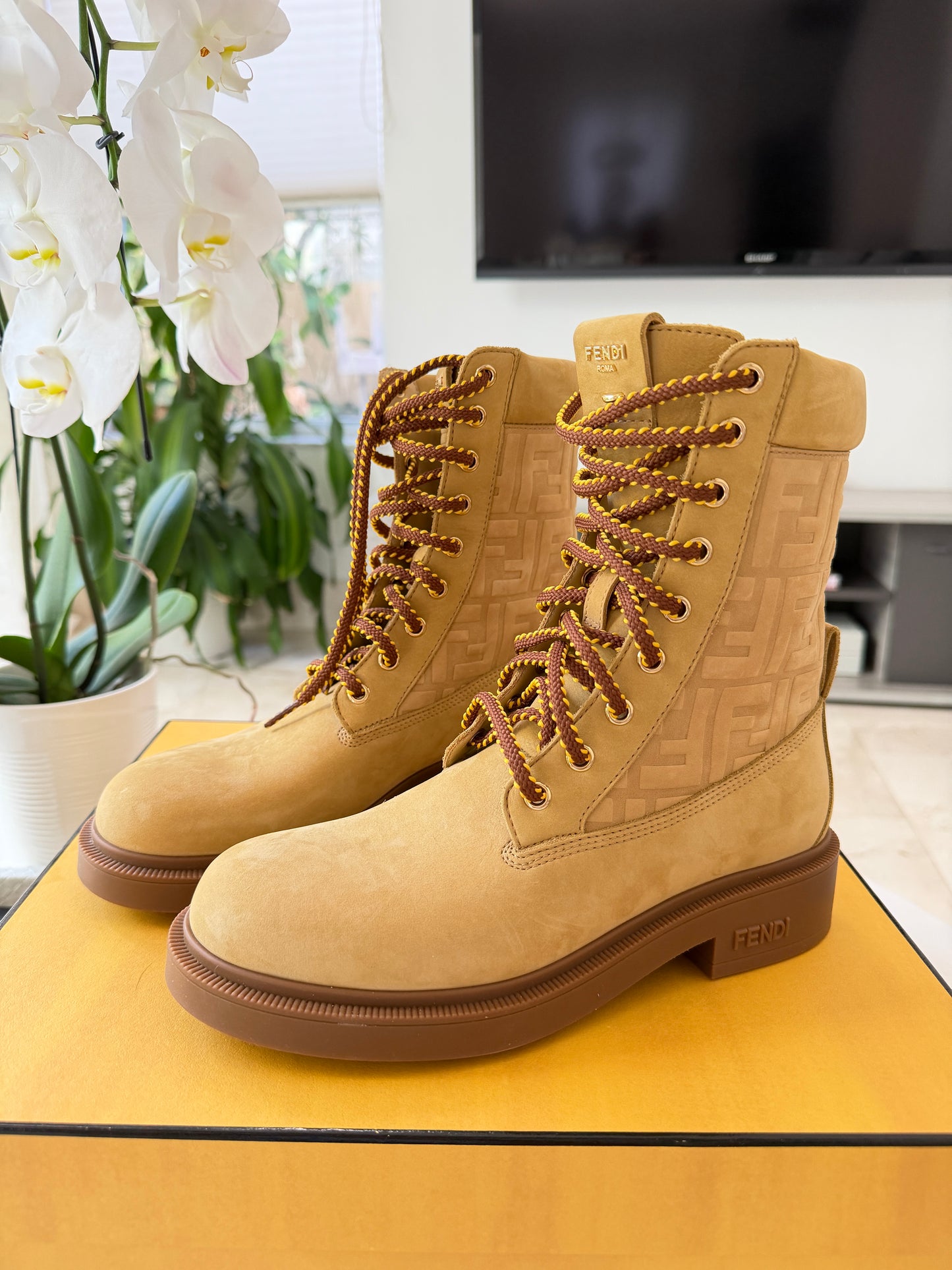 Fendi Filo Beige Nubuck FF Embossed Logo Lace Up Tie Combat Ankle Biker Boots