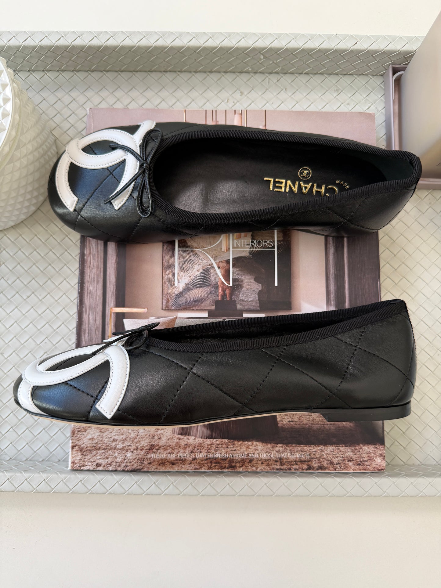 Chanel Cambon 2026 Coco Beach CC Logo Black Leather White Ballet Ballerina Flats