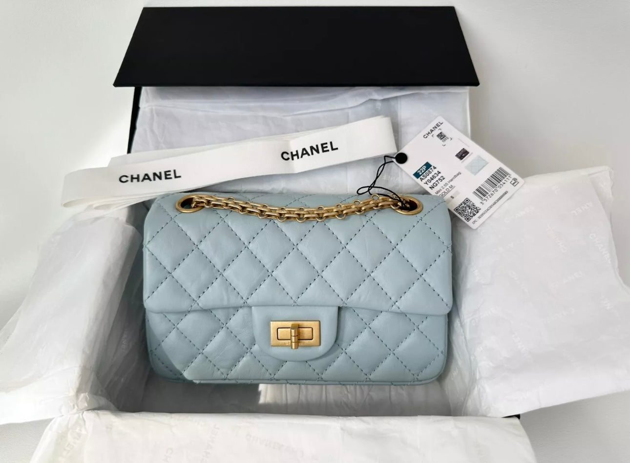 CHANEL MINI REISSUE 2.55 LIGHT BLUE CALFSKIN LEATHER BAG GHW