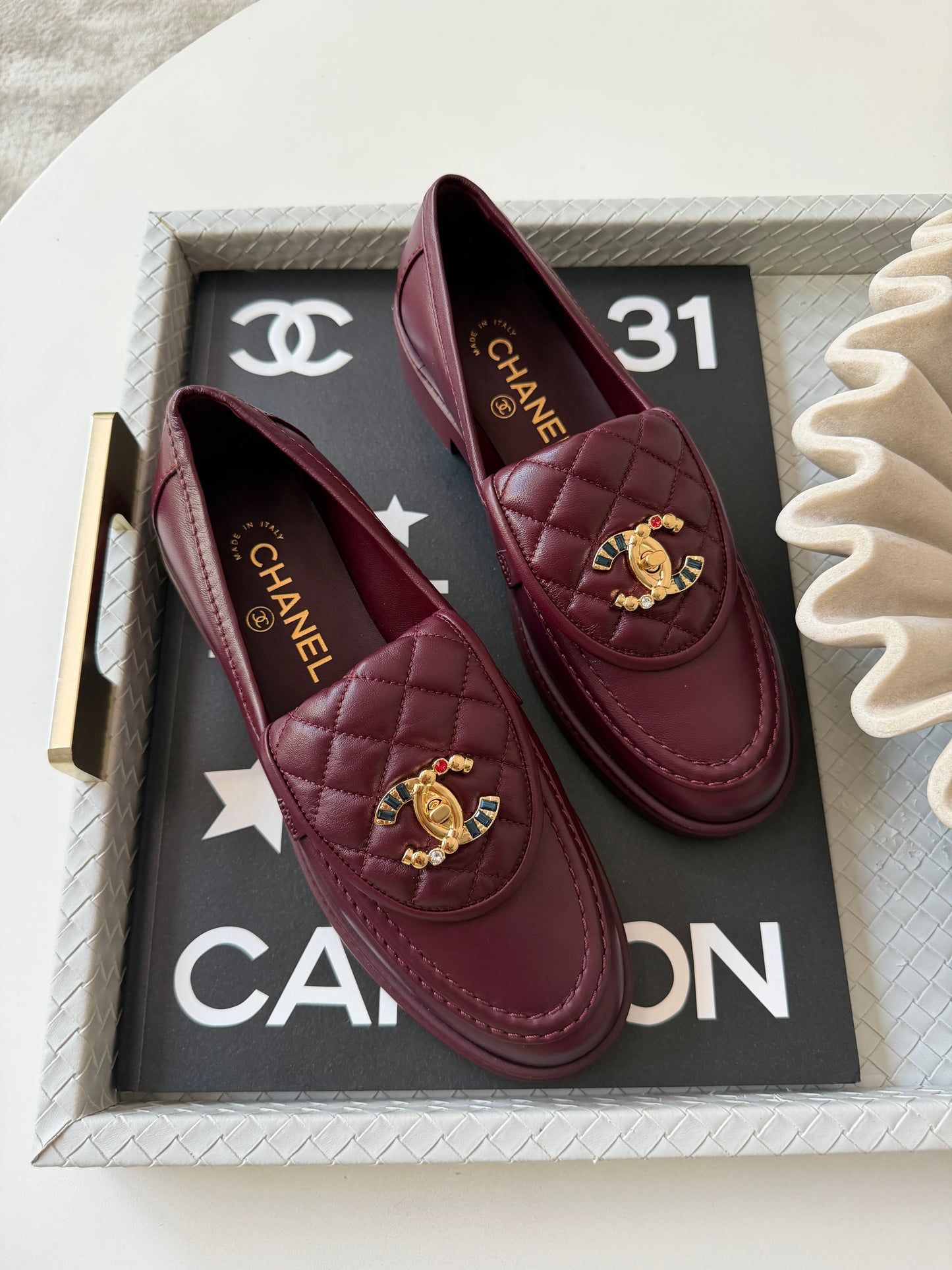CHANEL BURGUNDY LEATHER LOAFERS OXFORD SHOES GOLD STRASS GEMS CC TURNLOCK MOCCASINS