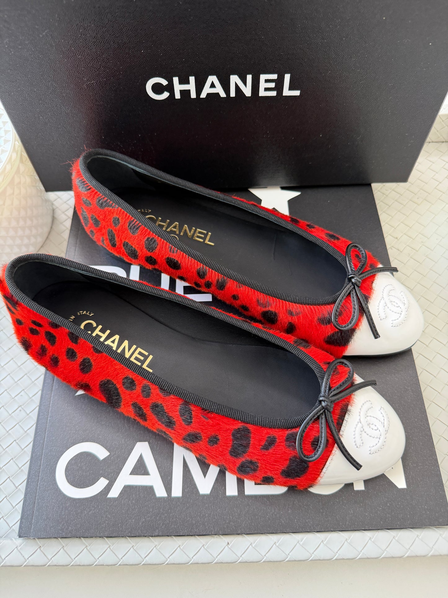 Chanel MÉTIERS D’ART 26 Red Orange Black White Pony Hair Animal Print Ballet Flats