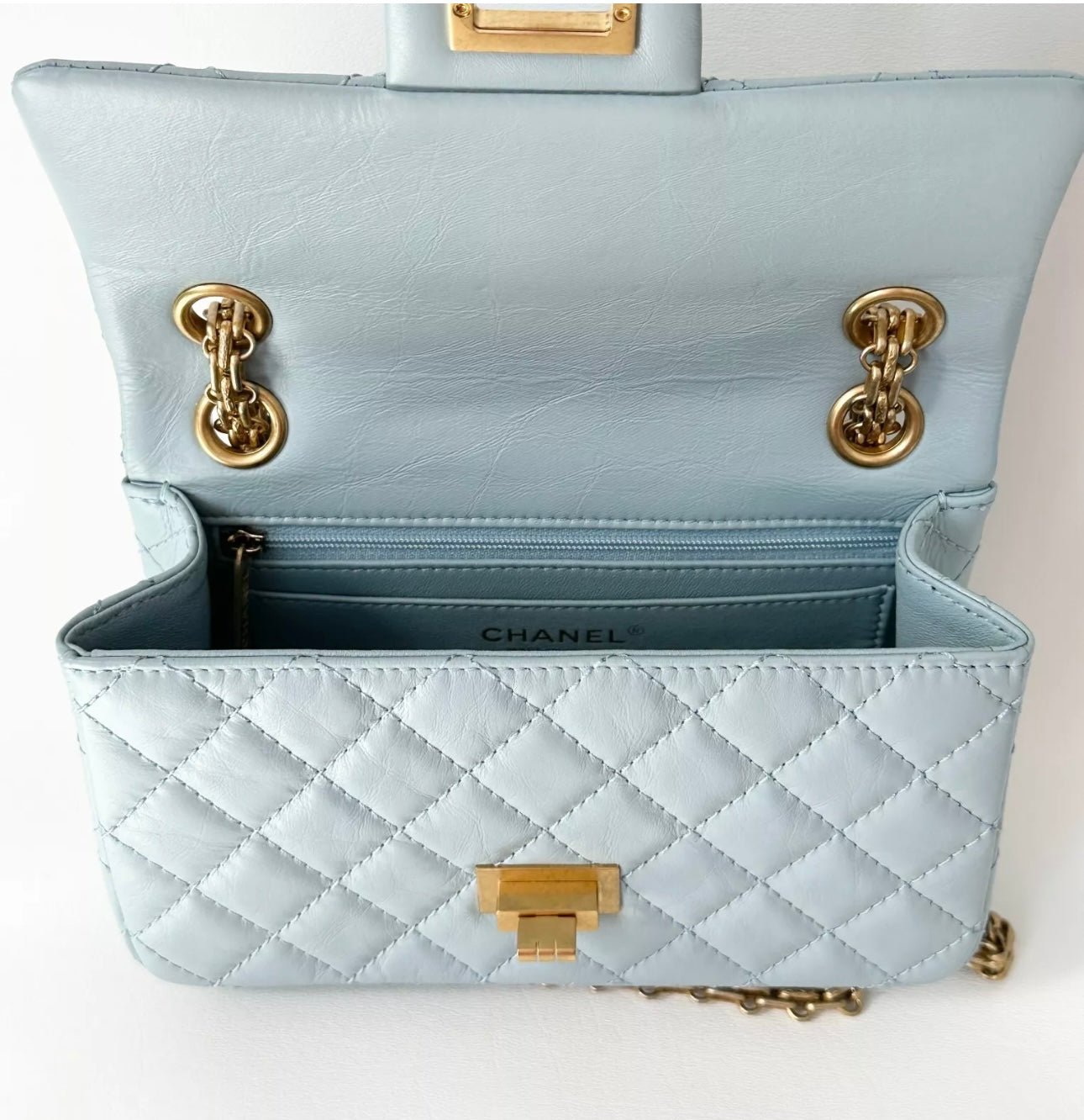 CHANEL MINI REISSUE 2.55 LIGHT BLUE CALFSKIN LEATHER BAG GHW