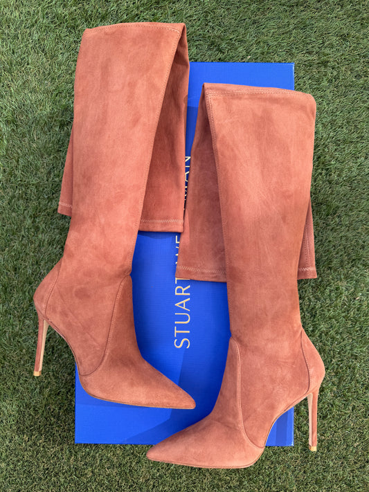 STUART WEITZMAN ULTRASTUART 100 CAPPUCCINO SUEDE BROWN STRETCH POINT TOE OVER KNEE BOOTS