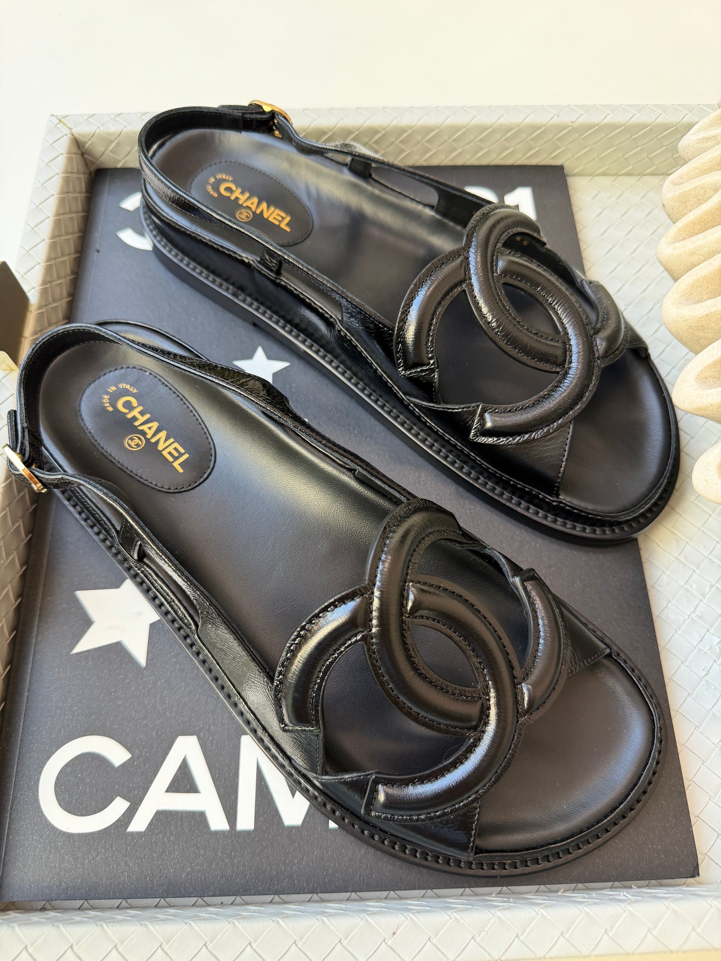 Chanel FW 26 Blazy Crumpled Shiny Lambskin Leather Black CC Logo Dad Sandals Slingbacks