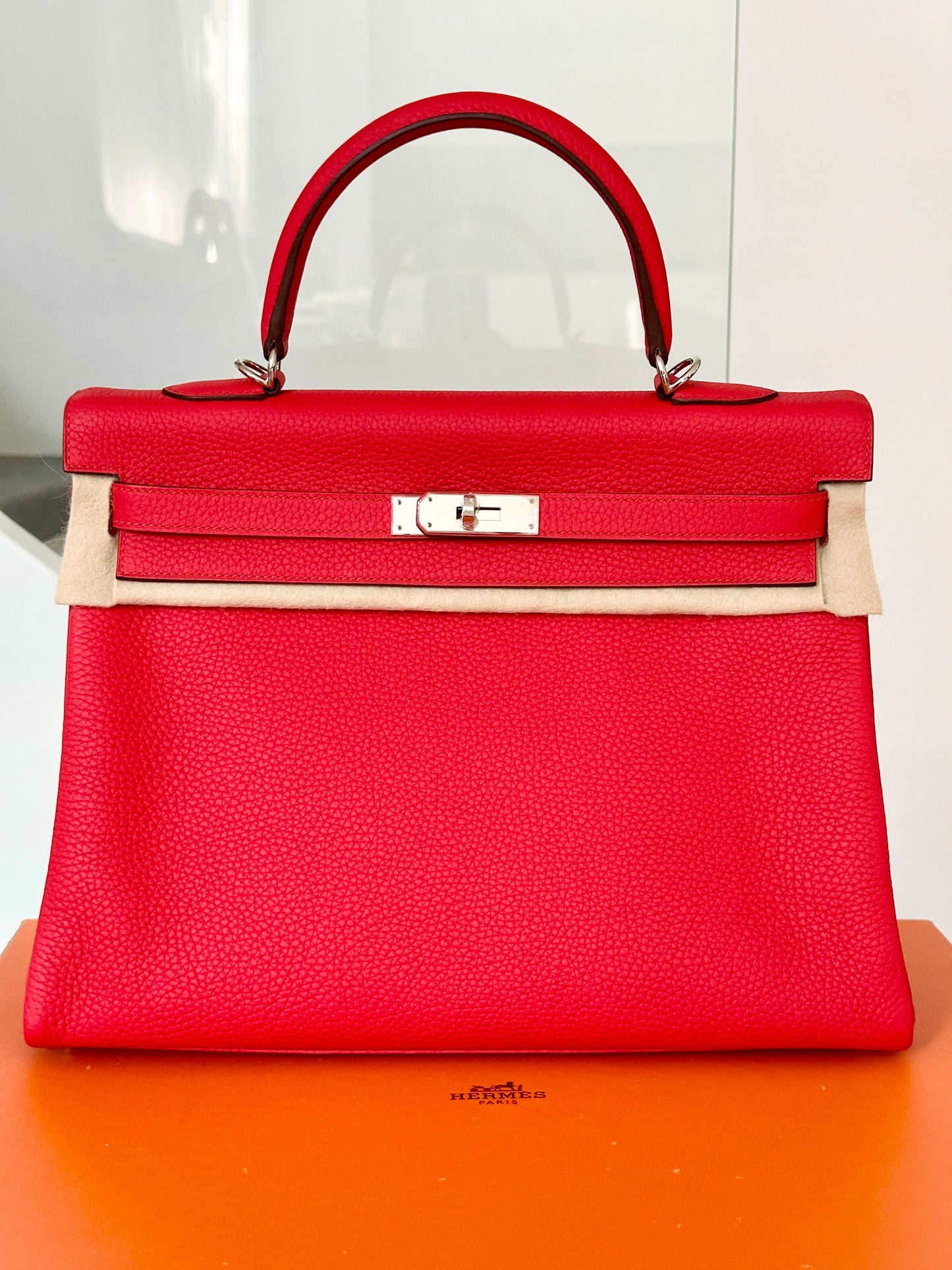 Hermes Kelly 35 Rouge Tomate Red Retourne Togo Leather Palladium Hardware PHW Bag Handbag
