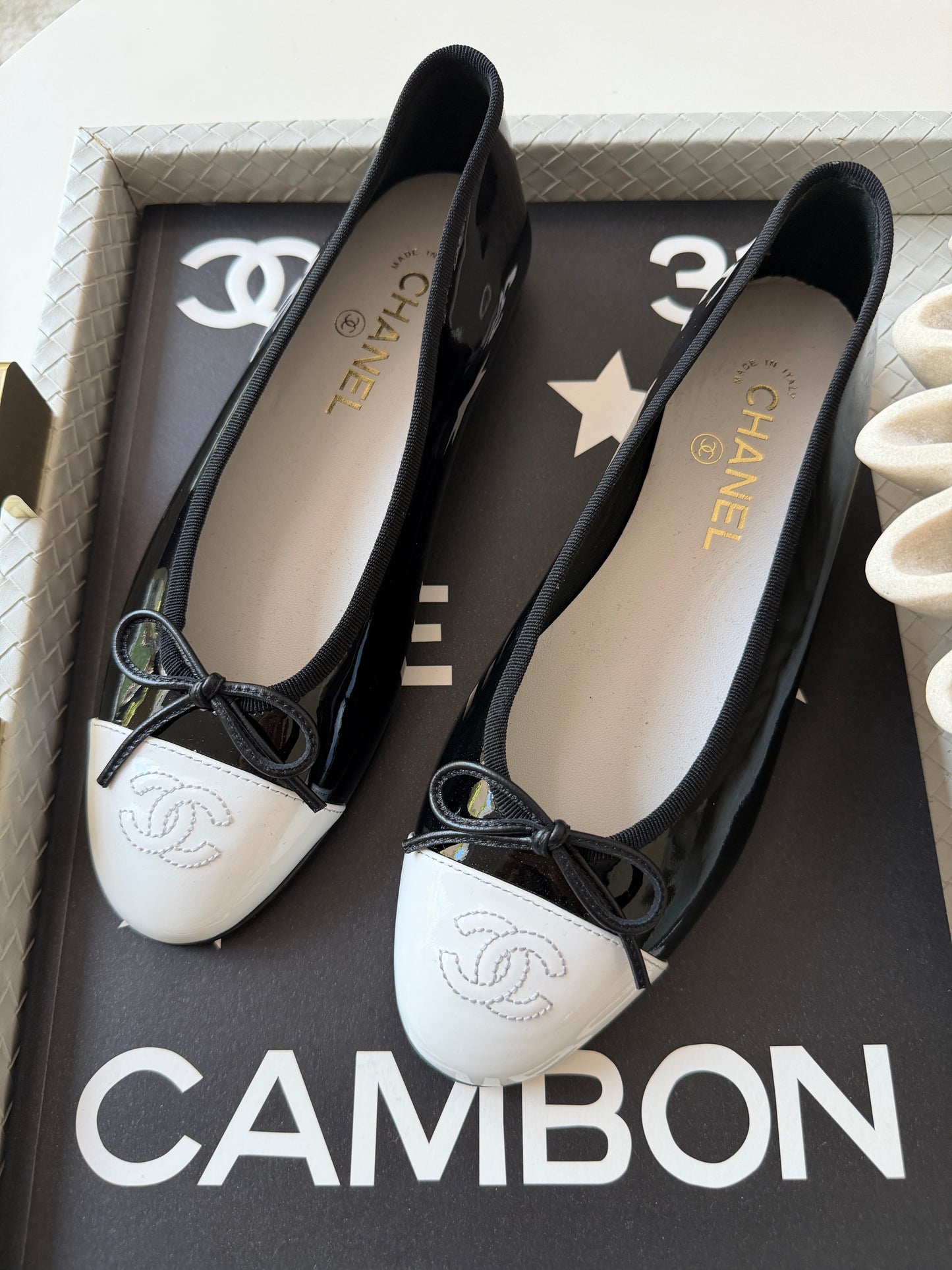 Chanel 26 Black Patent Leather White Cap Toe CC Logo Flat Ballet Ballerina Flats