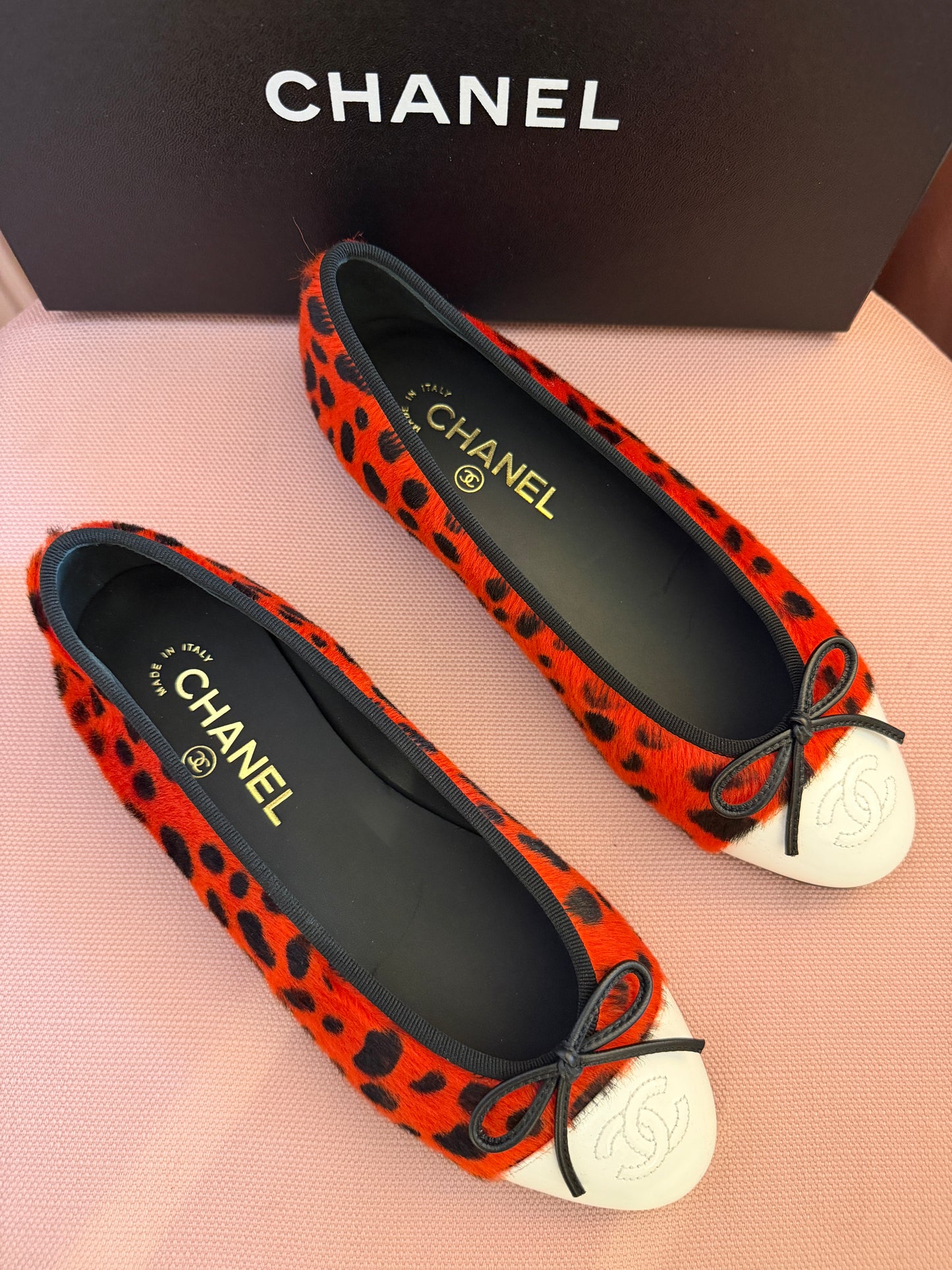 Chanel MÉTIERS D’ART 26 Red Orange Black White Pony Hair Animal Print Ballet Flats