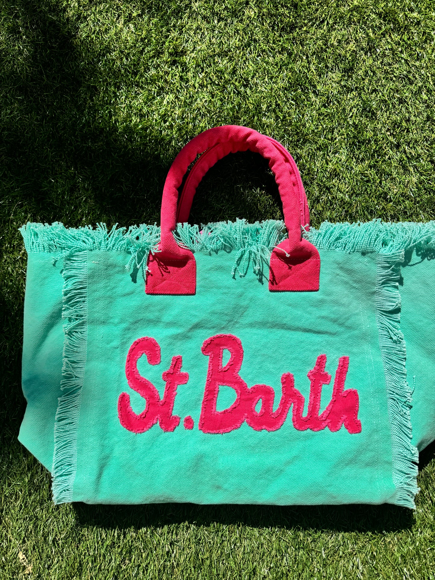 MC2 Saint Barth Vanity Patch Canvas Embossed Light Blue Pink Beach Tote Bag